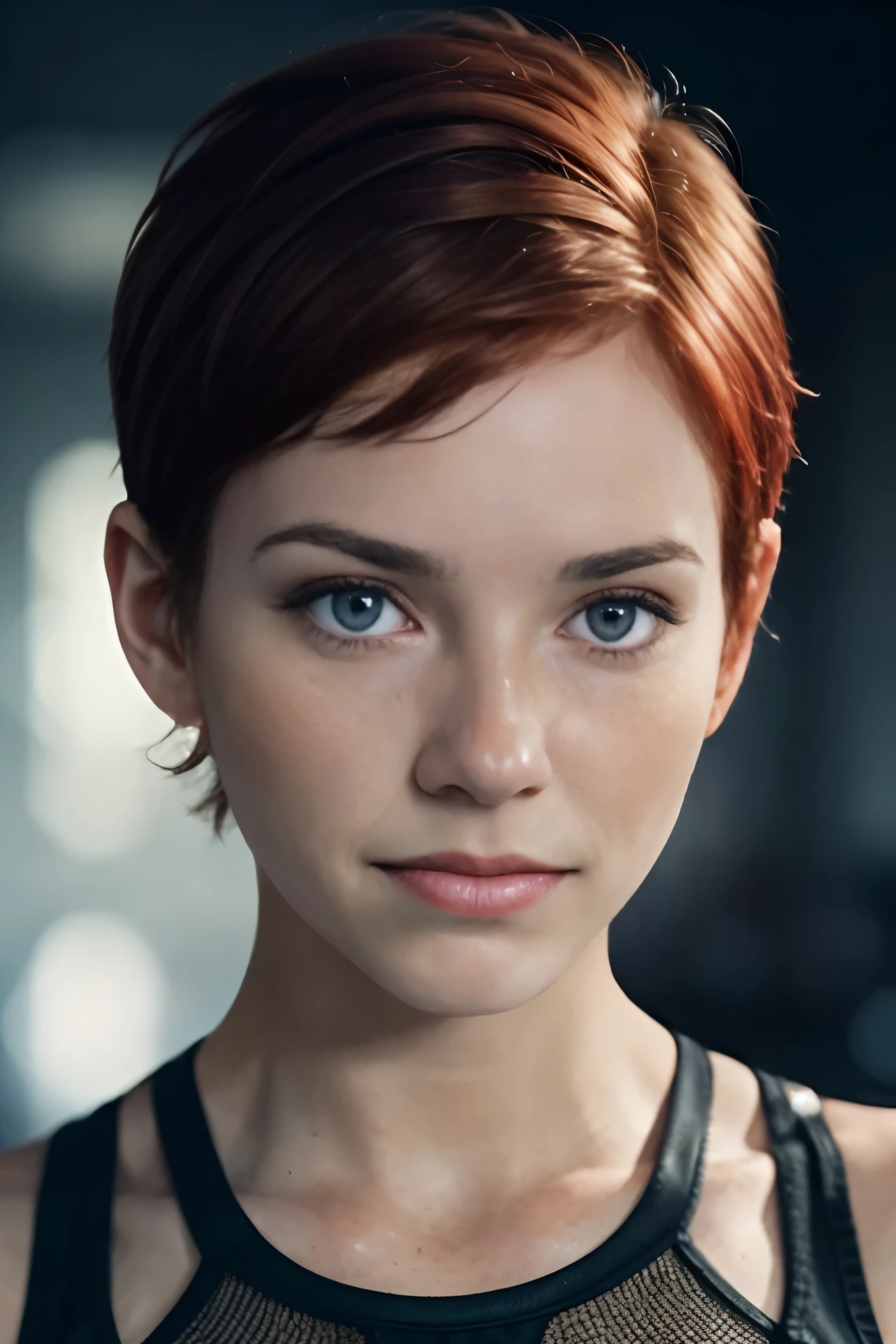 1girl, bare shoulders, blurry, blurry background, brown eyes, collarbone, depth of field, earrings, eyelashes, freckles, grey eyes, indoors, jewelry, lips, looking at viewer, mole, mole on breast, mole on neck, mole under eye, nose, photo \(medium\), piercing, portrait, realistic, red hair, short hair, solo, teeth <lora:sophialilis:0.7> <lora:lowra_v10:0.7>dark background, pale skin