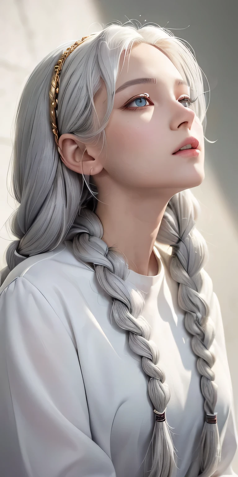 best quality, masterpiece,white hair, gold eyes,white clothes, looking up, upper body,hair strand,Fair skin,side braids
