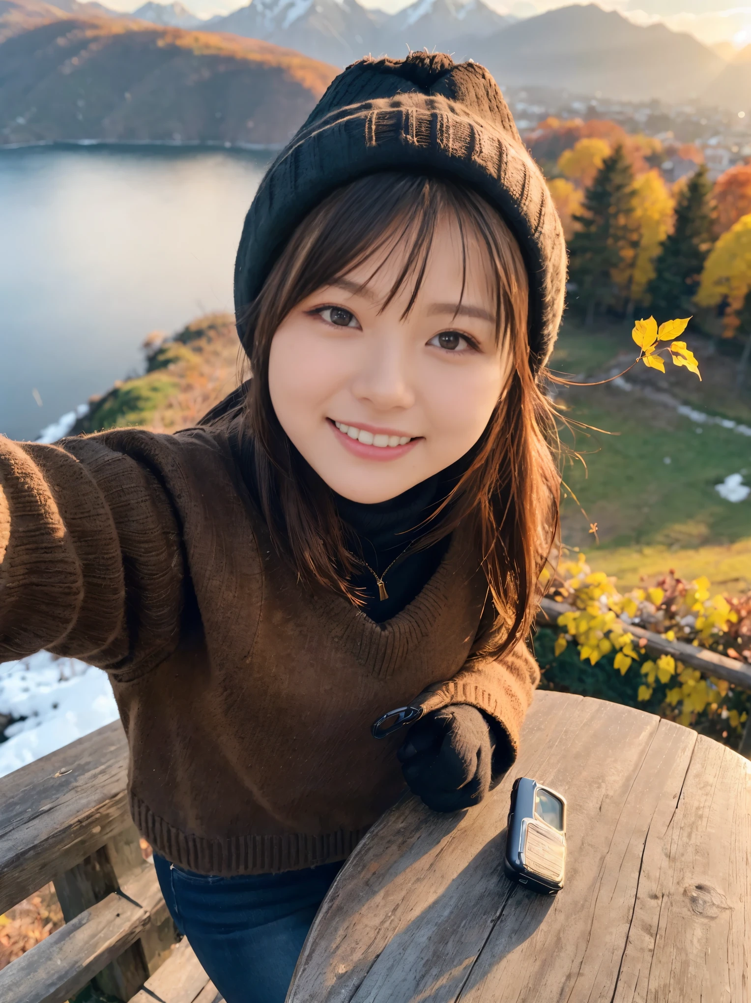 (Upper body selfie:1.3),Autumn climbing,With a superb view from the summit in the background,autumn leaves、beautiful sunrise,Remove the beam from above,Backlight,Generate images of beautiful women around the world,Especially while reflecting elements of Western beauty.Woman with natural smile and attractive expression,Woman with natural smile and attractive expression,transparent skin,sparkle in the eyes,Expresses an elegant atmosphere,,alone, Backpack,knit hat,sweater,gloves,mountain boots,strong wind blowing,Hair fluttering in the storm,(8K quality,table top,highest quality,Ultra high resolution output image,),(Extremely detailed RAW photos:1.3),(Image mode Ultra HD),