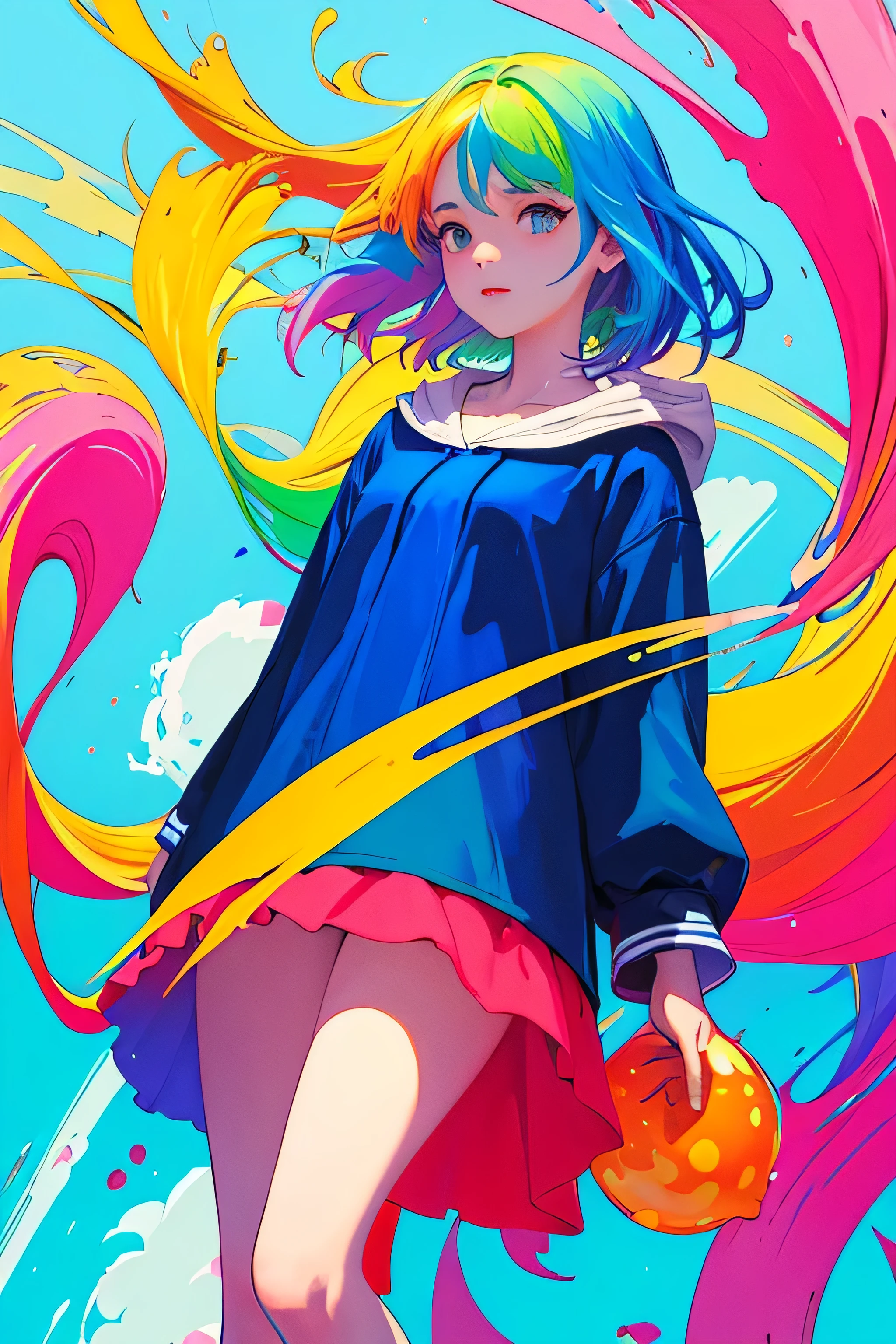 (ultra detailed,ultra high res,detailed background),((2D)),((flat color)),((colorful)),((floating colorful water)),1girl,solo,looking at viewer,BREAK