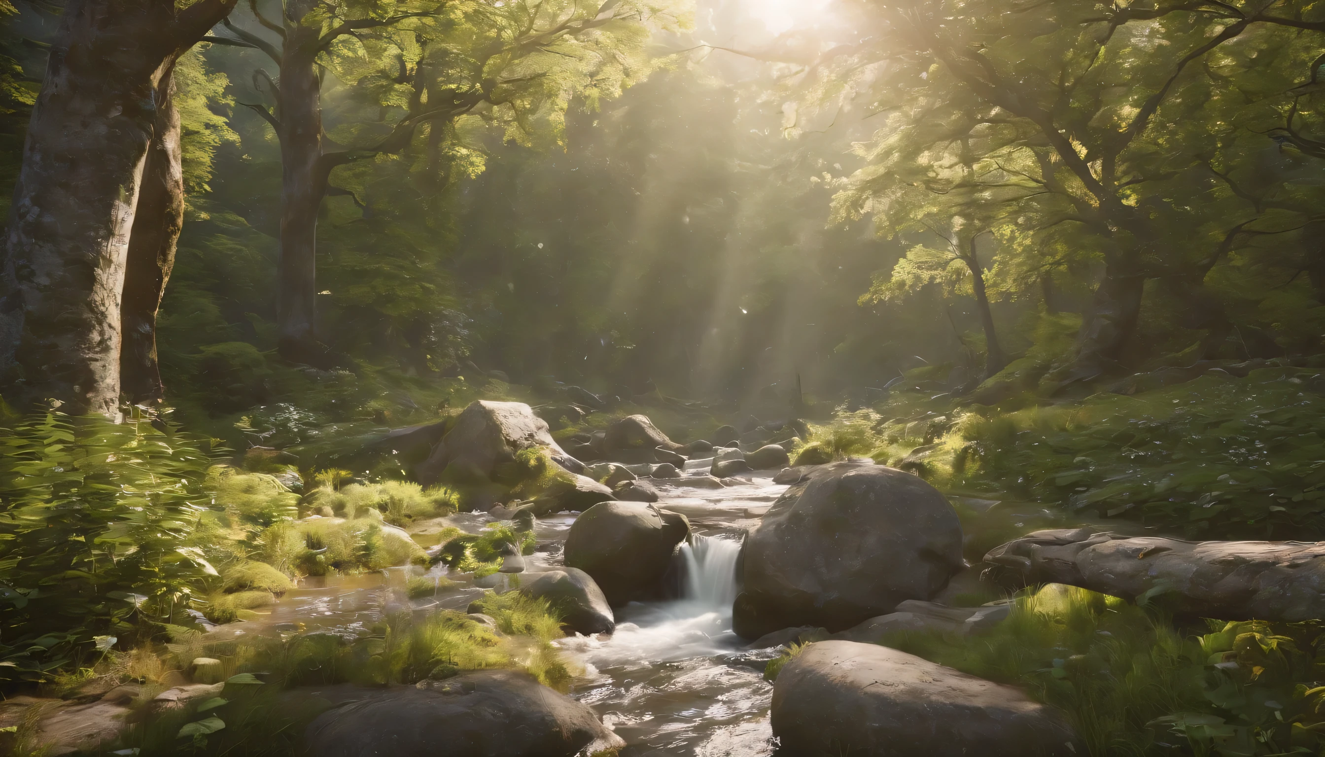 (Highly detailed CG Unity 8K wallpaper、masterpiece、highest quality、Super detailed)、(best lighting、best shadow、very delicate and beautiful)、highest quality、8K、Detailed facial depiction、masterpiece、highest quality、clear image quality、
Photo of a stream in the forest with sunlight shining through it