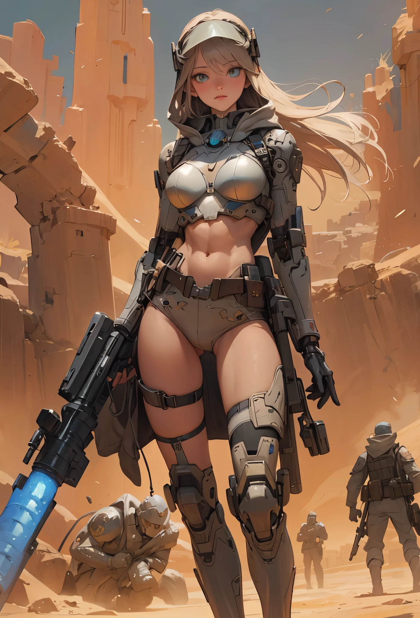 ((Highly accurate drawing in every detail)Extremely precise depiction)[High resolution],(detailed illustrations,とてもfineで緻密な描画,Delicate drawn lines with tempo,Realistic texture expression),[color traced main line],(mars battlefield [desert [ruins]]),[solo],HENTAI ((ANIME) BIONICGirl) Beauty (14 years old))((muscular)) [SKINNY],cyborg [MACHINEARMY Mobile Infantry Military],Bandolier [hood cloak [Barbarian knife]] [heavy mace [javelin]] [[artillery shell mortar grenade]],gravure [Battle Damage],[retro future],(intricate and beautiful decoration [Dense detail]),(Fine and beautiful skin expression [transparency]),((Precisely drawn eyes))[完璧な目のdetailed((Beautiful eyes like jewels)Iris drawn in precise detail)[clearly drawn pupils]],[eyes light[Pinpoint lighting for the eyes]],[long and beautiful eyelashes],[precisely drawn hair [美しく艷やかな髪のdetailed]],(完璧な手のdetailed [Beautiful fingers with no damage [beautiful nails]]),(perfect anatomy(perfectly balanced proportions))[[full body portrait]],[[Design built to the highest level]][ideal color coordination(Accurate simulation of light and material interactions)],([Precision Detail](detailed,高fine)),[Visual art that tells a story],((highest quality)fine[[High density drawing]])(4K quality).