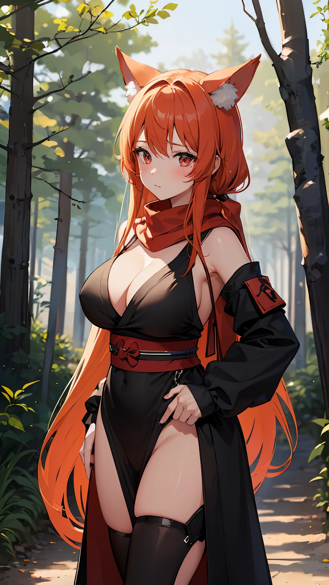 1girl, shy, blush, wild long hair, red scarf, orange hair, red eyes, fox ears, large breast, cool, wallpaper, landscape, depth of field, night, forest, light particles, light rays, sidelighting, (black ninja uniform),