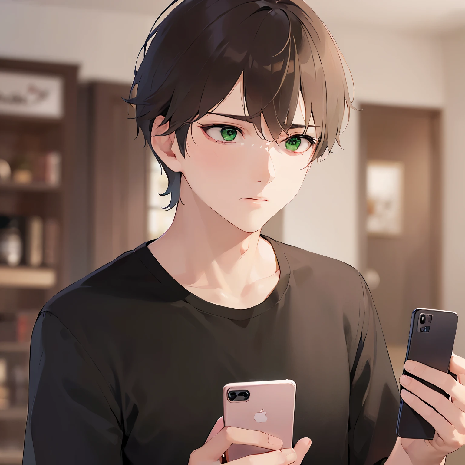 holding a phone, (looking away:1.5), high quality、masterpiece、(25 year old male with short brown hair and green eyes:1.5), wearing a black T-shirt、serious expression、 Alone、The background is the living room、Only the upper body is shown