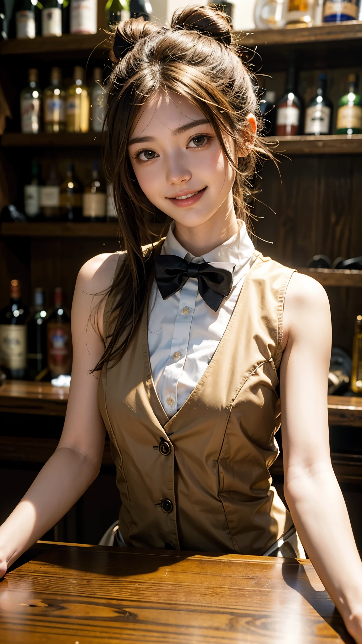 highest quality, masterpiece, ultra high resolution, (realistic:1.3), (Over the bar counterの肖像画) RAW photo, 1 girl, 22 years old,slim body,((Bartender vest with bow tie)),((Over the bar counter)),((Bar Lounge)),((Bartender costumes)),(bun hair),neat and beautiful hair,masterpiece, realistic pictures,((Medium chest)),((toothy smile)),brown hair