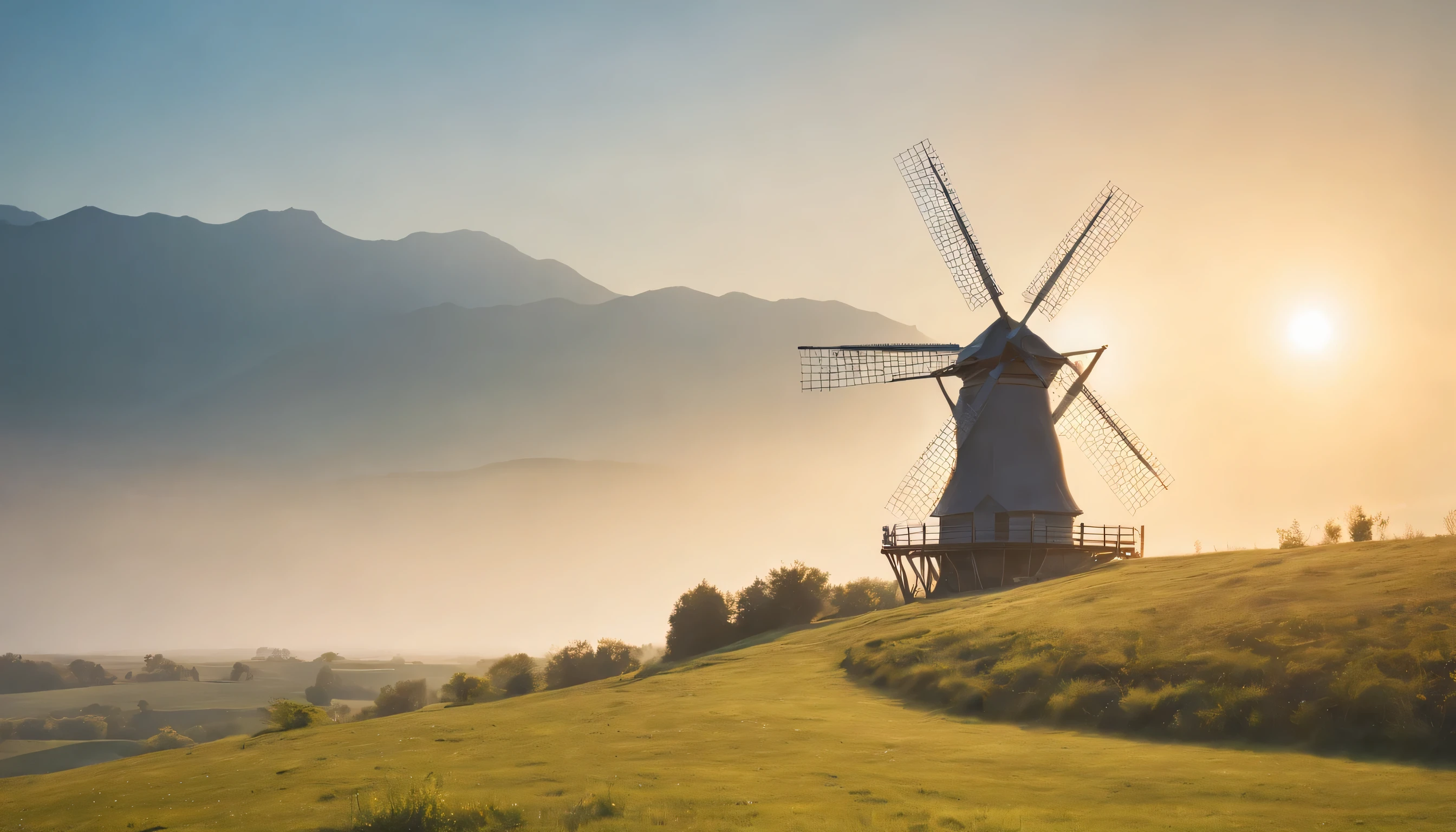(Highly detailed CG Unity 8K wallpaper、masterpiece、highest quality、Super detailed)、(best lighting、best shadow、very delicate and beautiful)、highest quality、8K、Detailed facial depiction、masterpiece、highest quality、clear image quality、
A photo of a landscape with a windmill against a blue sky