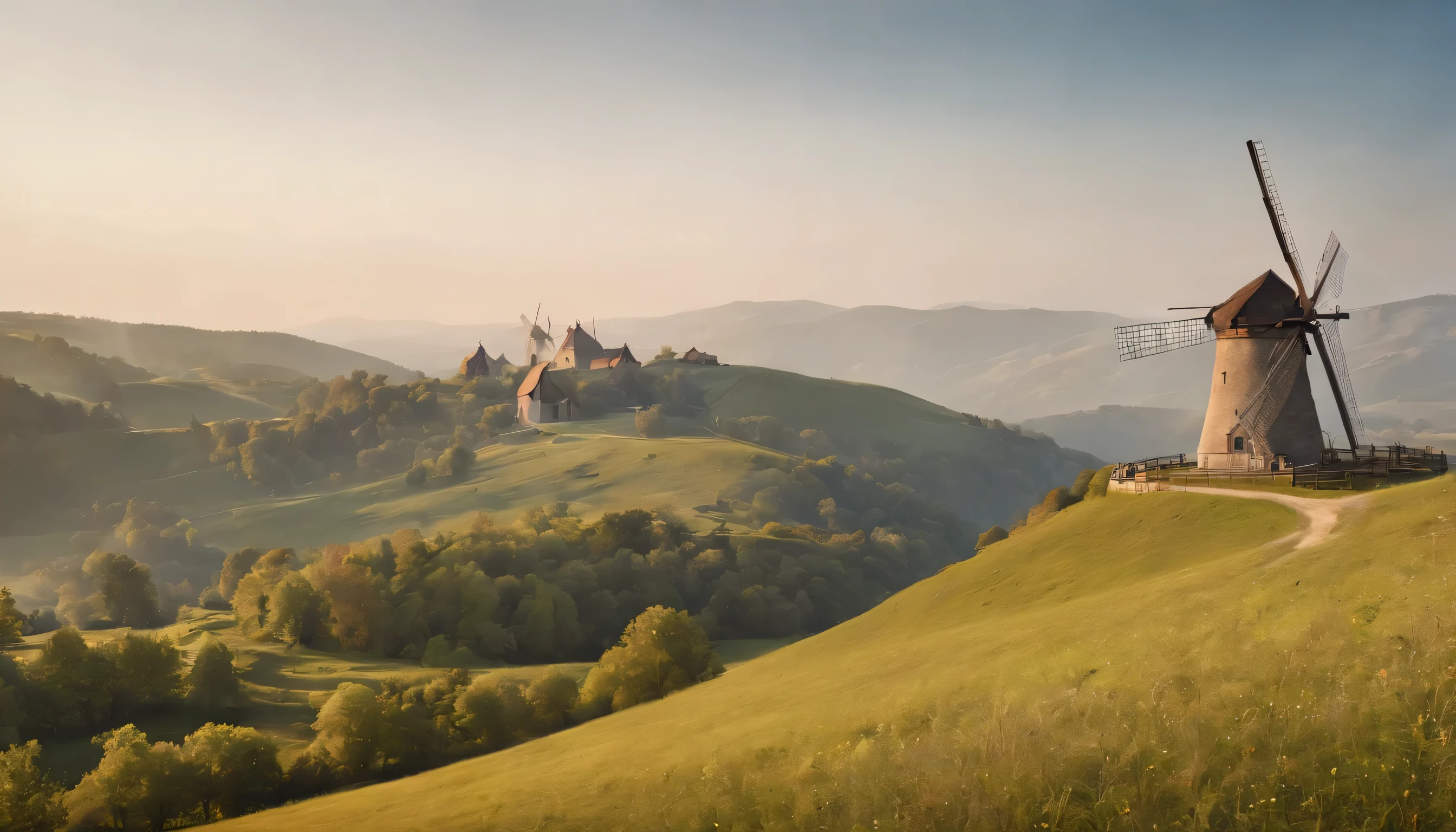 (Highly detailed CG Unity 8K wallpaper、masterpiece、highest quality、Super detailed)、(best lighting、best shadow、very delicate and beautiful)、highest quality、8K、Detailed facial depiction、masterpiece、highest quality、clear image quality、
A photo of a landscape with a windmill against a blue sky