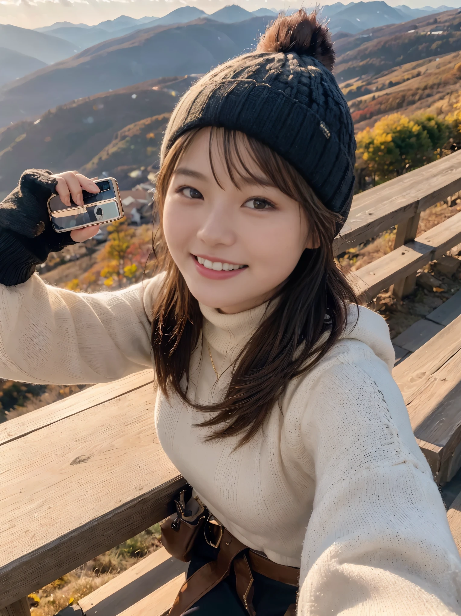 (Upper body selfie:1.3),Autumn climbing,With a superb view from the summit in the background,autumn leaves、beautiful sunrise,Remove the beam from above,Backlight,Generate images of beautiful women around the world,Especially while reflecting elements of Western beauty.Woman with natural smile and attractive expression,Woman with natural smile and attractive expression,transparent skin,sparkle in the eyes,Expresses an elegant atmosphere,,alone, Backpack,knit hat,sweater,gloves,mountain boots,strong wind blowing,Hair fluttering in the storm,(8K quality,table top,highest quality,Ultra high resolution output image,),(Extremely detailed RAW photos:1.3),(Image mode Ultra HD),