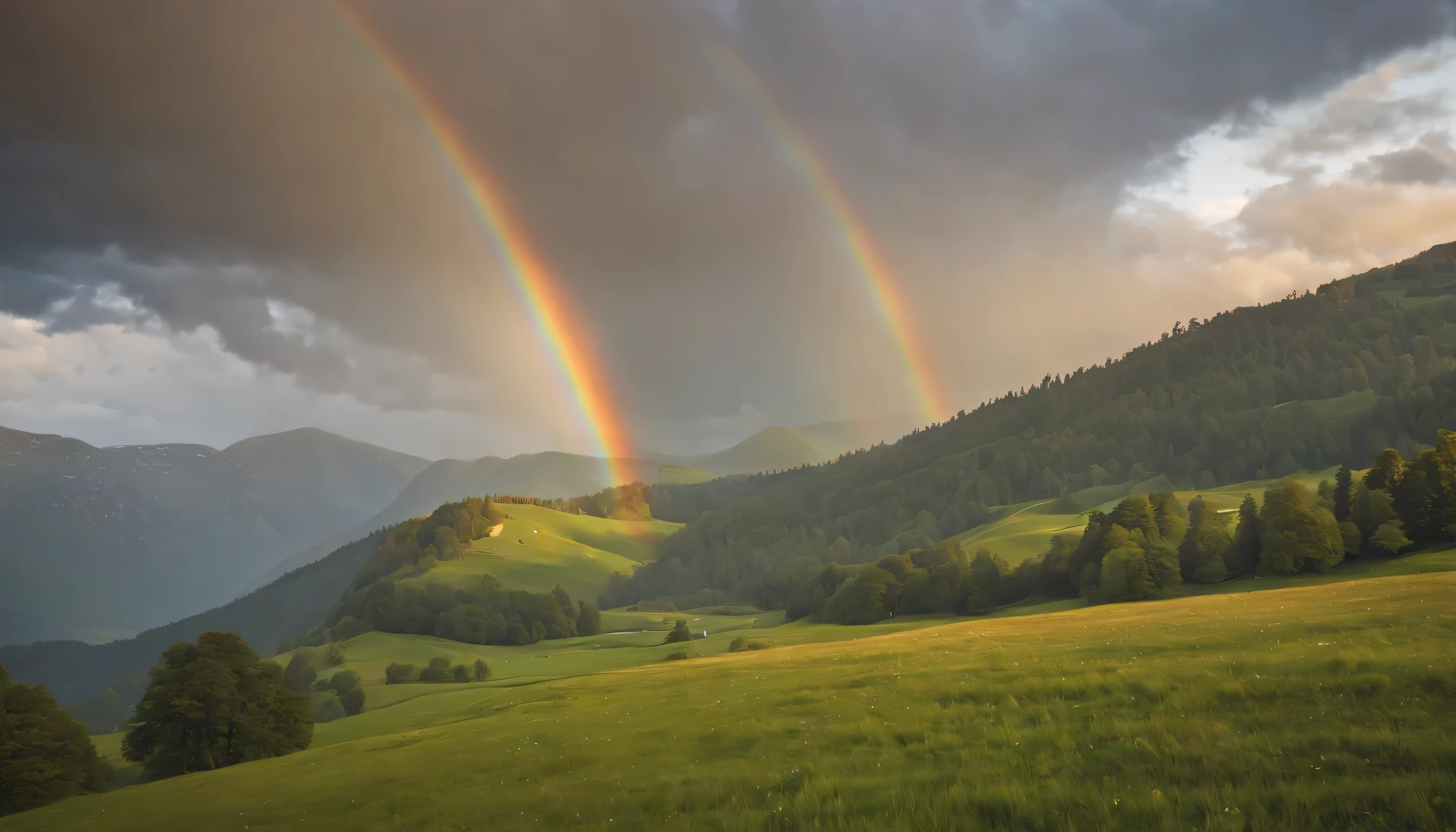 (Highly detailed CG Unity 8K wallpaper、masterpiece、highest quality、Super detailed)、(best lighting、best shadow、very delicate and beautiful)、highest quality、8K、Detailed facial depiction、masterpiece、highest quality、clear image quality、
Landscape photo with a rainbow after the spring rain