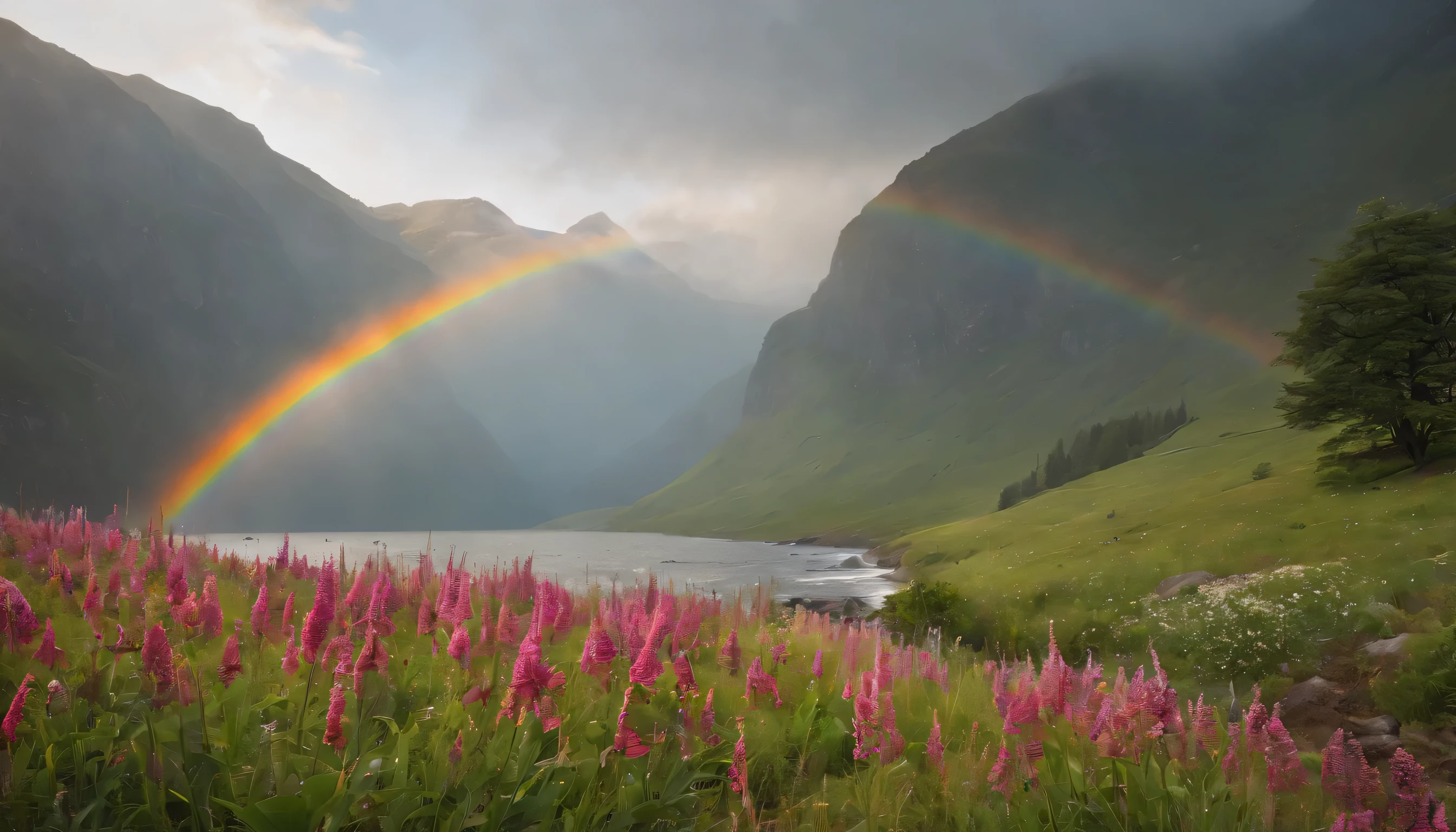 (Highly detailed CG Unity 8K wallpaper、masterpiece、highest quality、Super detailed)、(best lighting、best shadow、very delicate and beautiful)、highest quality、8K、Detailed facial depiction、masterpiece、highest quality、clear image quality、
Landscape photo with a rainbow after the spring rain