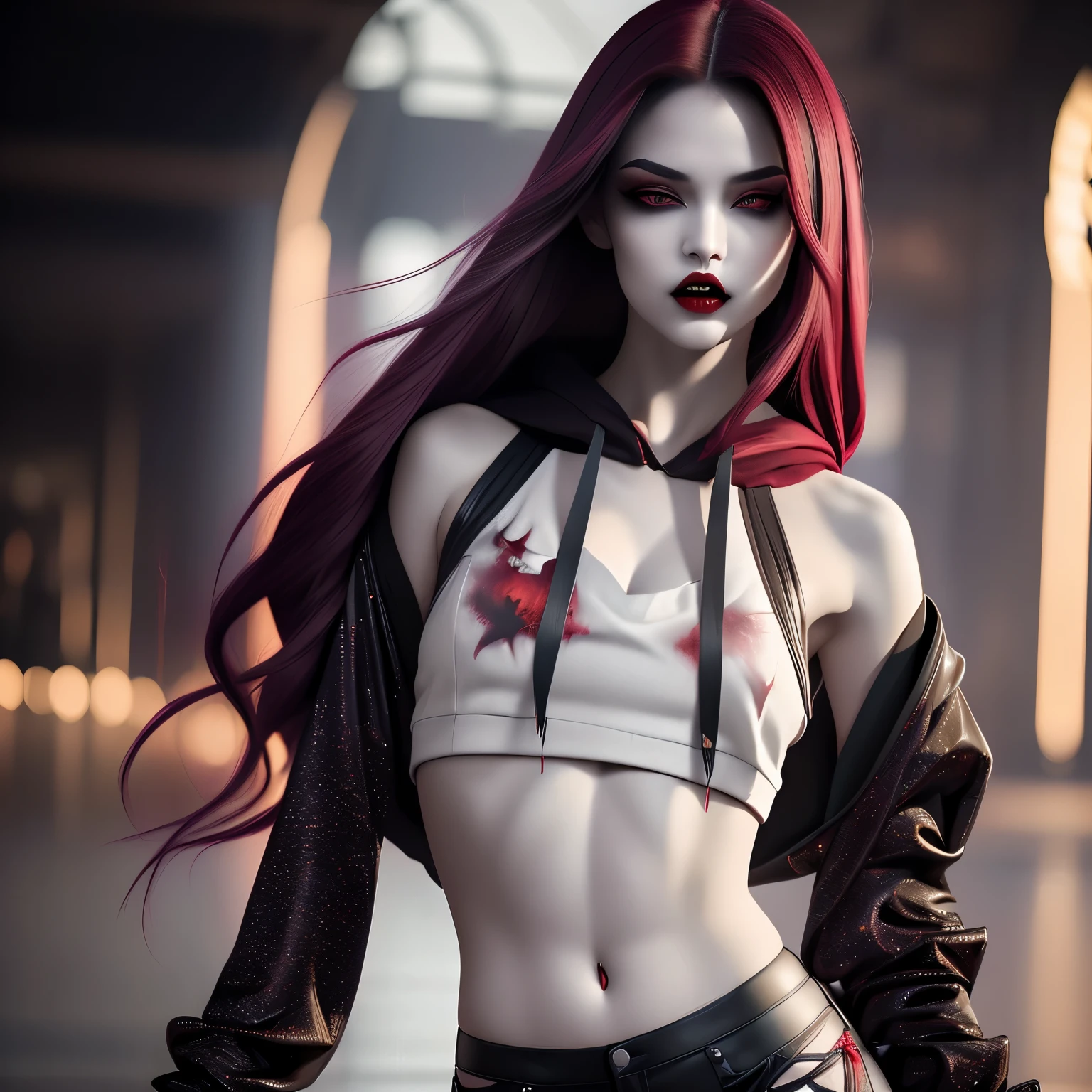 Create a hauntingly beautiful rebellious vampire girl with pale grey skin and deep red lips showing (2 vampire incisor fangs pressed against her bottom lip) wearing modern urban clothing (hoodie(plain, no print:1.5), crop-topshirt(plain, no print:1.5), hip-hop style). Envision her with the elegance reminiscent of a modern-day masterpiece, embodying both allure and strength. Picture her as a blend of a vampire with mesmerizing red eyes and (2 sharp fangs protruding from her mouth and pressing against her bottom lip), akin to the allure of the night. Adorned in modern casual clothing, she emanates an aura of mysterious power. Her figure should dominate the artwork, depicted in a captivating stance as she locks eyes with the viewer, her crimson aura intertwining with the shadows that envelop her. Let her essence be defined by the ethereal fluidity of darkness, each detail meticulously crafted to convey the majesty of her vampiric prowess. Absurd resolution, top quality, and high detail are essential to capture the essence of this mesmerizing scene, 8K, full face:1.5, vibrant, powerful, (captivating eyes:1.2), captivating gaze, long hair, 1girl, (half body:1.3), insane details, (half-body:1.3), sexy, Realistic, RAW photo,(masterpiece:1.3), (best quality:1.3), official art, Super Detailed, High Detail, Soft Lighting, 8K, High Resolution, High Detail Skin, Perfect Skin, RAM Photo, Real Photo,