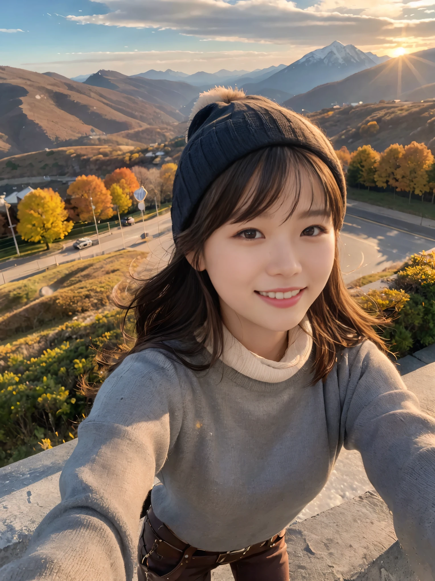 (Upper body selfie:1.3),Autumn climbing,With a superb view from the summit in the background,autumn leaves、beautiful sunrise,Remove the beam from above,Backlight,Generate images of beautiful women around the world,Especially while reflecting elements of Western beauty.Woman with natural smile and attractive expression,Woman with natural smile and attractive expression,transparent skin,sparkle in the eyes,Expresses an elegant atmosphere,,alone, Backpack,knit hat,sweater,gloves,mountain boots,strong wind blowing,Hair fluttering in the storm,(8K quality,table top,highest quality,Ultra high resolution output image,),(Extremely detailed RAW photos:1.3),(Image mode Ultra HD),