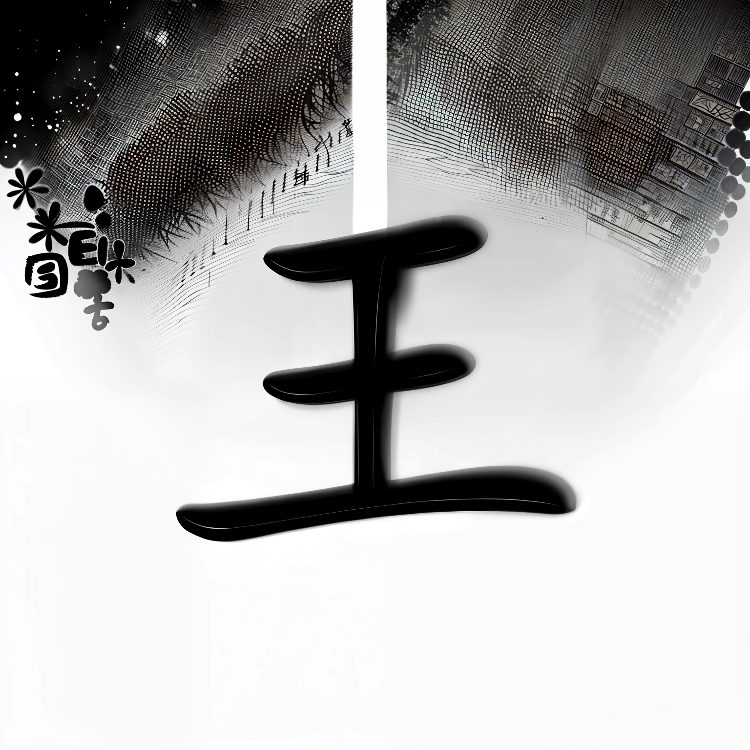 Close up of black and white picture of letter e, japanese man, man, japanese text man, title man, japanese man everywhere, man markings, the ancient symbols behind it, trail, Inspired by《Qiu Wen Tianjiang》, Inspired by东洲斋写乐