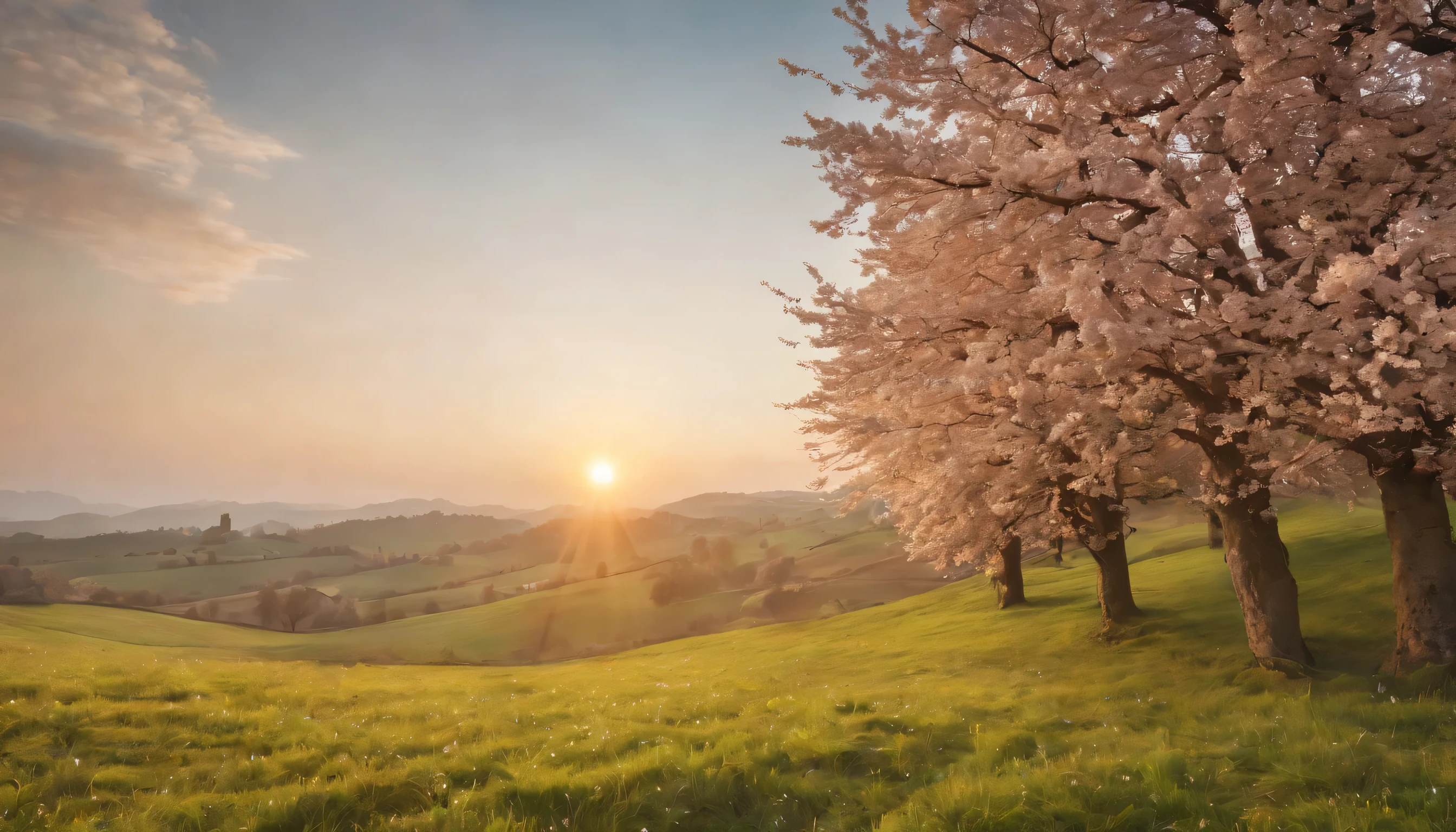 (Highly detailed CG Unity 8K wallpaper、masterpiece、highest quality、Super detailed)、(best lighting、best shadow、very delicate and beautiful)、highest quality、8K、Detailed facial depiction、masterpiece、highest quality、clear image quality、
A photo of a rural landscape dyed in the spring evening