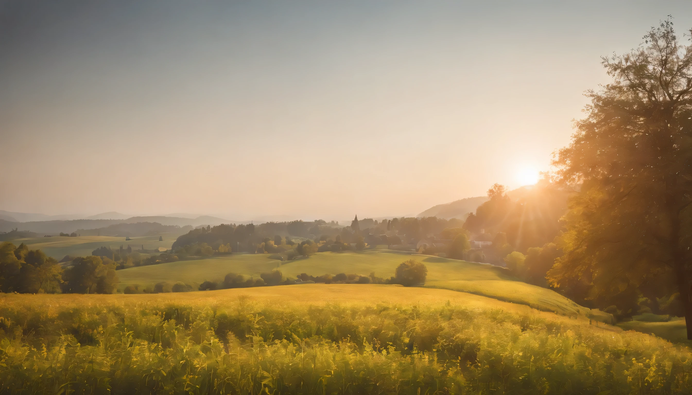 (Highly detailed CG Unity 8K wallpaper、masterpiece、highest quality、Super detailed)、(best lighting、best shadow、very delicate and beautiful)、highest quality、8K、Detailed facial depiction、masterpiece、highest quality、clear image quality、
A photo of a rural landscape dyed in the spring evening
