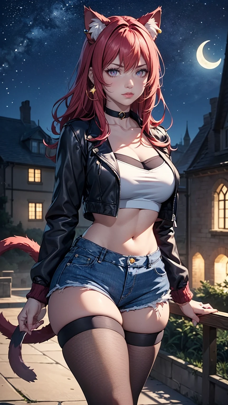 ((((masterpiece, (dark purple eyes))), ((Extremely detailed, ambient soft lighting, 4k, perfect eyes, a perfect face, perfect lighting, a 1girl, animal ears, black thighs, (cat ears, cat's ear cat tail), closed mouth, collarbone, Covered, crop-top, facial mark, ((neck, jacket, mini short, short jeans, mini short jeans)), lips, looking to viewer, 独奏, tail, Curvy hips, Lush, tights in a mesh)), standing on a tower, cityscape in the background with church, (starry night), crescent moon)), TakashiroHiroko, 1girl, mature woman, alone, cowboy shot, looking at viewer, blushing, dark purple eyes, long hair, red hair, earrings, jewelry