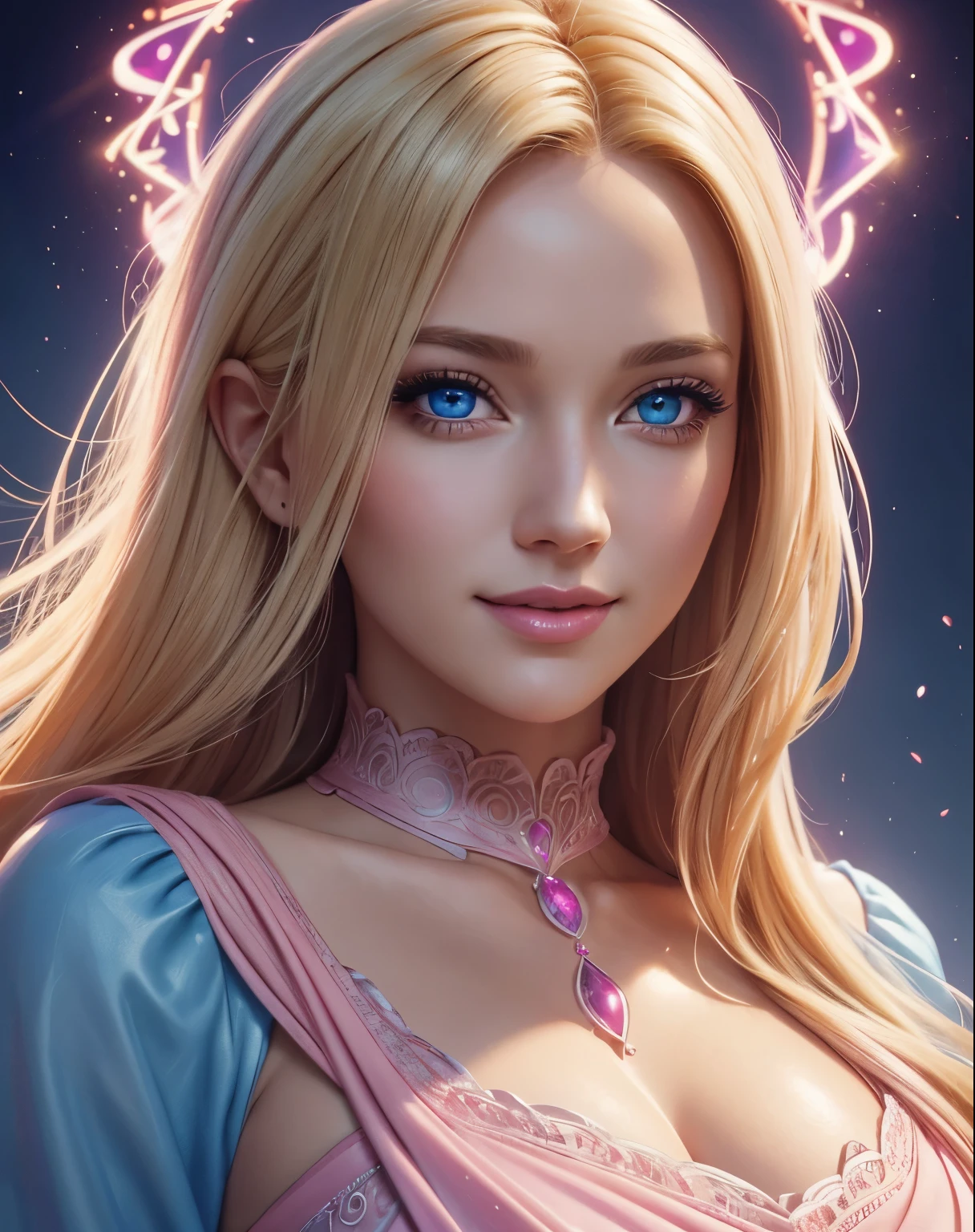 Close-up of a beautiful woman with blond hair and a pink dress, hourglass figure, symmetrical figure, highly detailed face, beautiful face, calming blue eyes, lush pink lips, smiling, alluring, stunning digital illustration, beautiful digital artwork, magenta lighting, fantasy, glossy digital painting, gorgeous digital art, 4k detailed digital art, beautiful digital illustration, 4k highly detailed digital art, beautiful digital art, realistic digital art 4k, realistic digital art 4k, airbrush digital art