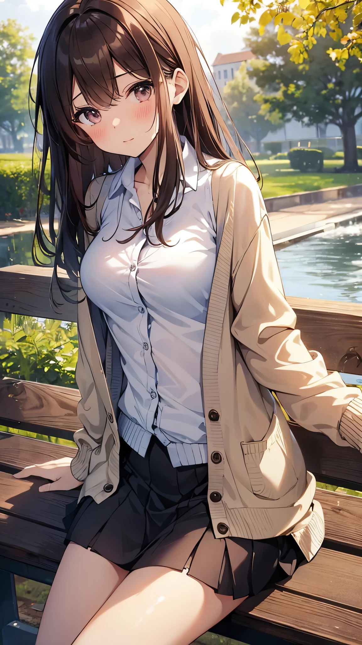 (table top), (highest quality), (super detailed), 1 girl, sexy pose, blush, ((open casual cardigan:1.2)), Happy, looking at the viewer, big hair, brown hair, wood々in a park with,bench, shy ,sitting on the ground, ((alone)) ,anxiety, blush, Naughty,from below,Because I&#39;m slender,(shiny skin, wet skin:0.8), sweating, Rain,~ side, from the front, From above,Been wet here for a long time, ((show off panties)), ((show off bra)), ((MNI Skirt)),