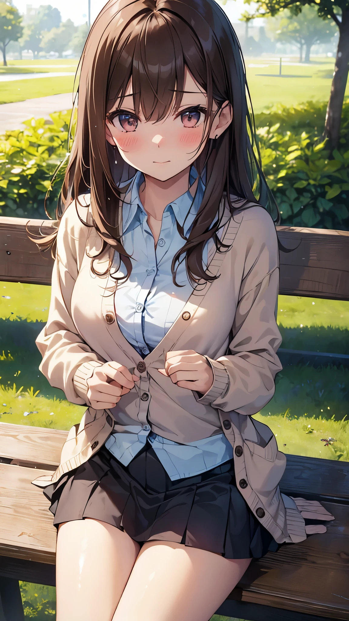 (table top), (highest quality), (super detailed), 1 girl,  pose, blush, ((open casual cardigan:1.2)), Happy, looking at the viewer, big hair, brown hair, wood々in a park with,bench, shy ,sitting on the ground, ((alone)) ,anxiety, blush, Naughty,from below,Because I'm slender,(shiny skin, wet skin:0.8), sweating, Rain,~ side, from the front, From above,Been wet here for a long time, ((show off panties)), ((show off bra)), ((MNI Skirt)),