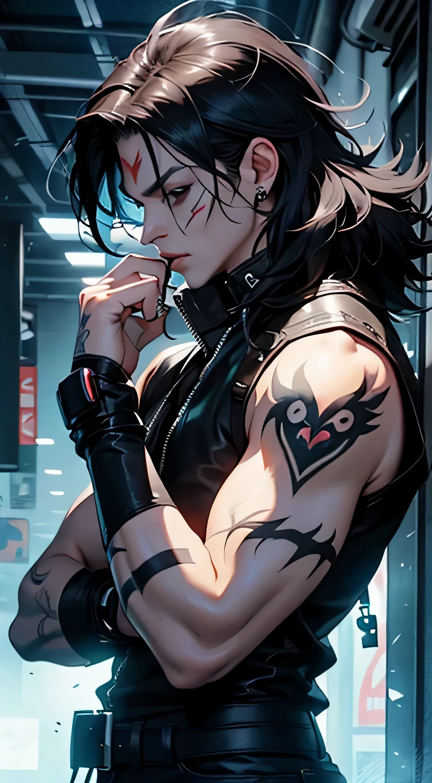 rock style, 1 character для файтинга в стиле Street Fighter, king of fighters, Tekken, Virtua Fighter. 1 male fighter, 1 character, scars, fighting pose, black modern clothes, cyberpunk, long hair, Glam Rock, hard rock, Heavy metal, Axl Rose, Gene Simons, Paul Stanley, guitar, Cadaveric paint, face painted white, tattoo on arms, tattoos on body, face in white makeup, Kiss in style.