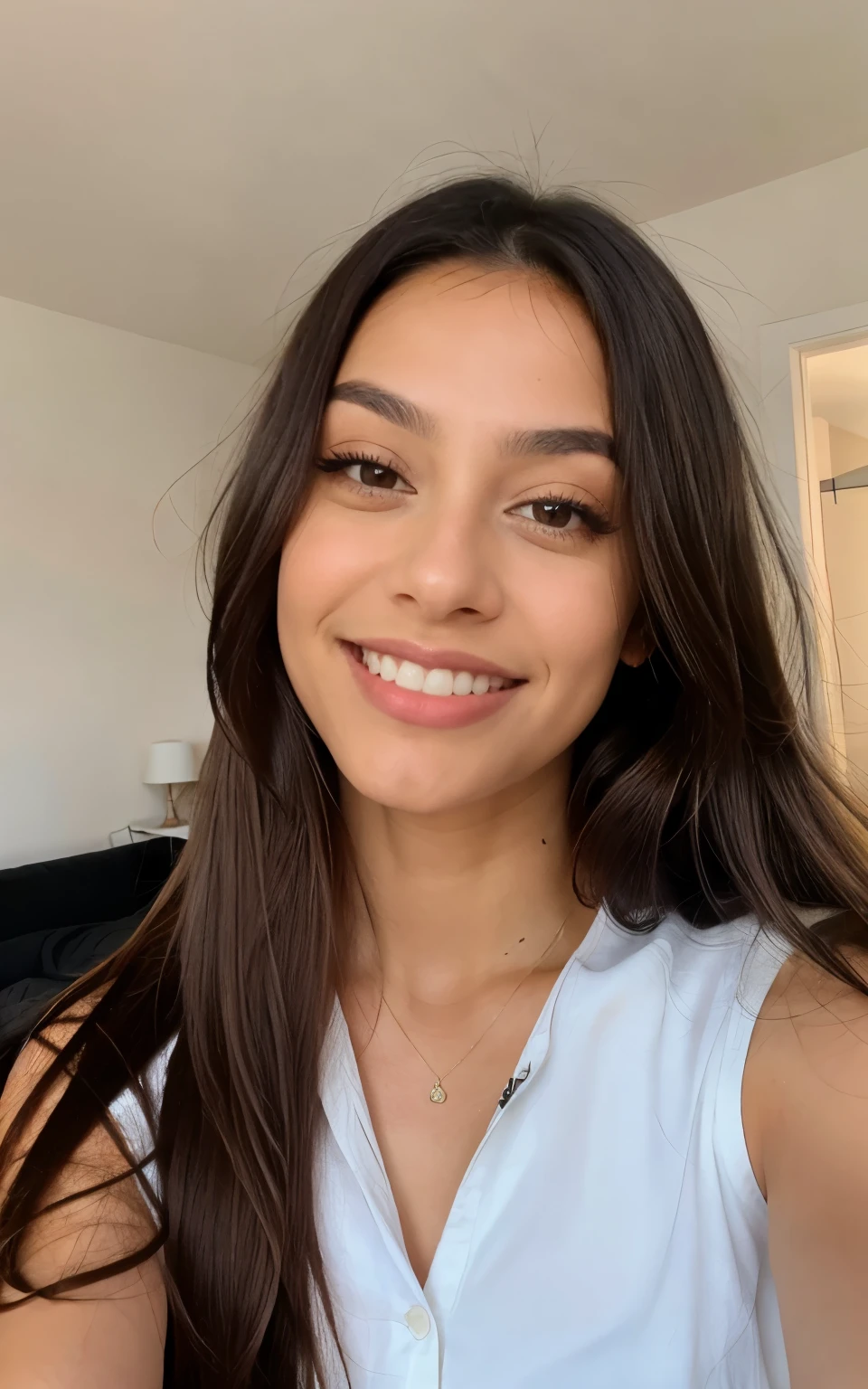 hispanic, 1 femme, Long Straight Hair, dark brown eyes, top, Chambre, Selfie, Big Smile