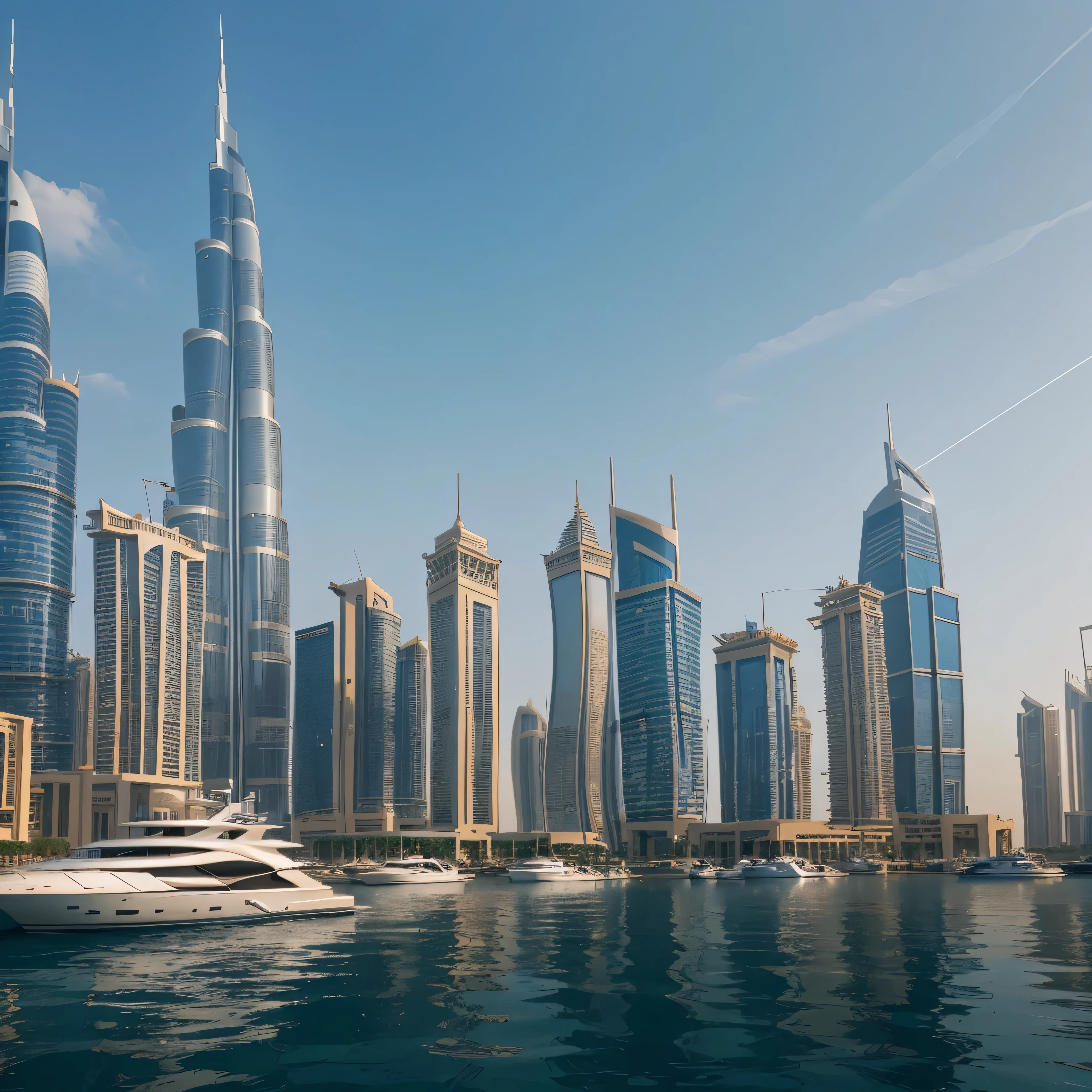 cartoon Dubai City scene, yachts and buildings, morning sky, skyline, skyscrapers, Burj Khalifa, blue tone, masterpiece, best quality, illustration, 8k, UHD, luminosity, Dubai buildings, dubai city, futuristic metropolis, cityscape, eye view, focal point yachts, luxury and futuristic. show more yachts.