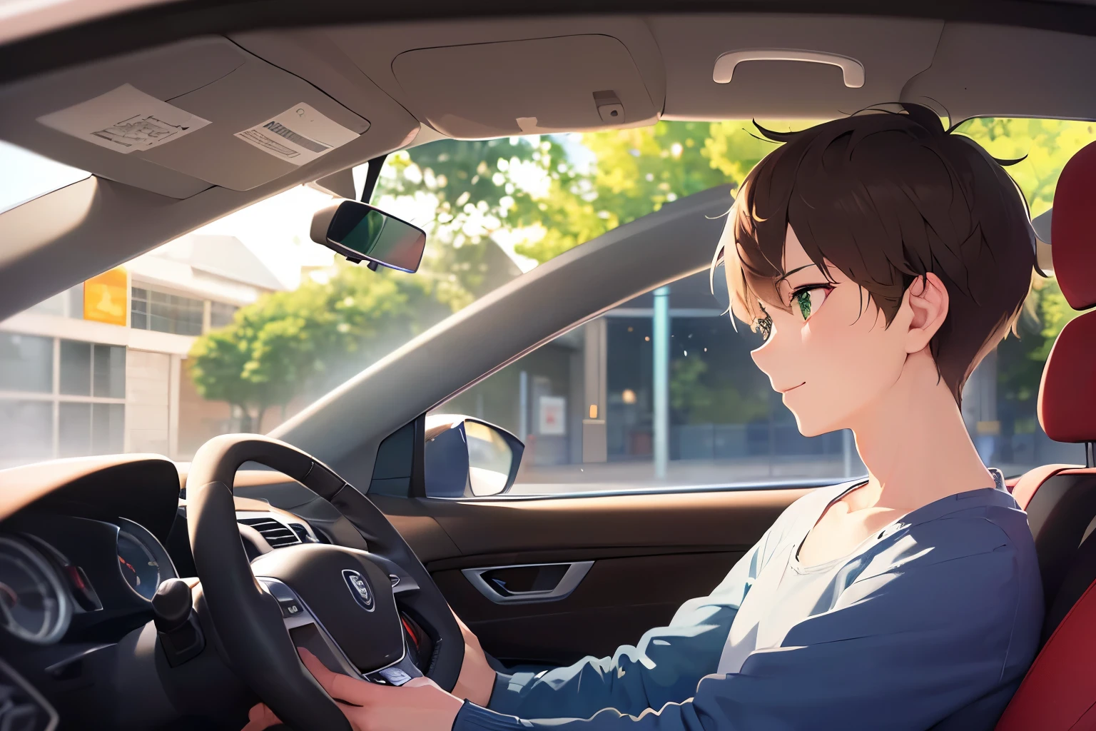 driving, side angle, (looking away:1.5), high quality、masterpiece、(25 year old male with short brown hair and green eyes:1.5), wearing a black T-shirt、smile, Alone、The background is the interior of the car、Being in the driver's seat、Only the upper body is shown