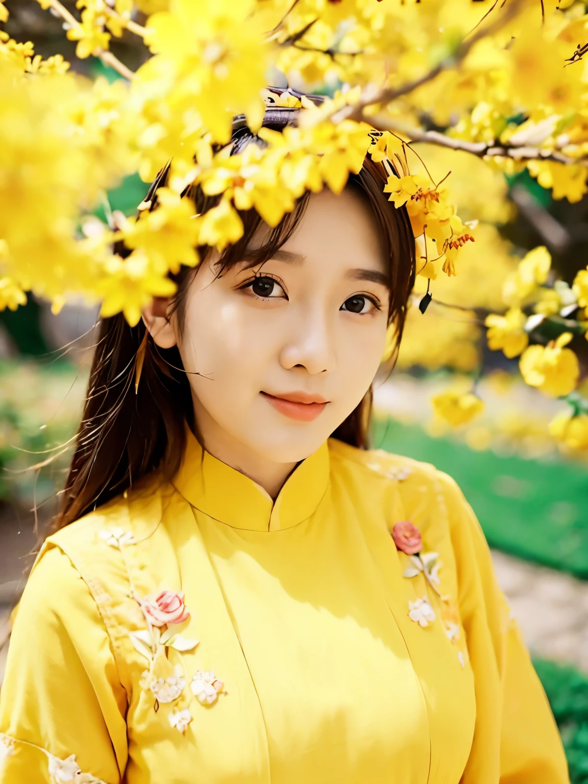 1 girls in Vietnamese in yellow longdress, 22 years old, masterpiece, best quality, realistic, cinematic,
(yellow apricot blossom, flowers, falling petals, tree branch), flower in hair, posing in garden,