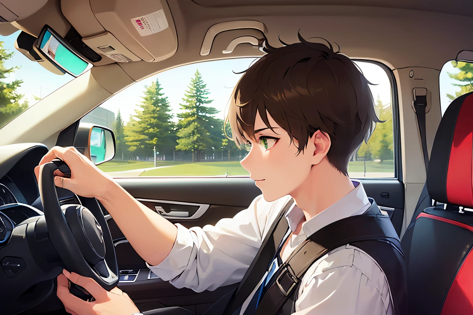 driving, side angle, (looking away:1.5), high quality、masterpiece、(25 year old male with short brown hair and green eyes:1.5), wearing a black T-shirt、smile, Alone、The background is the interior of the car、Being in the driver's seat、Only the upper body is shown