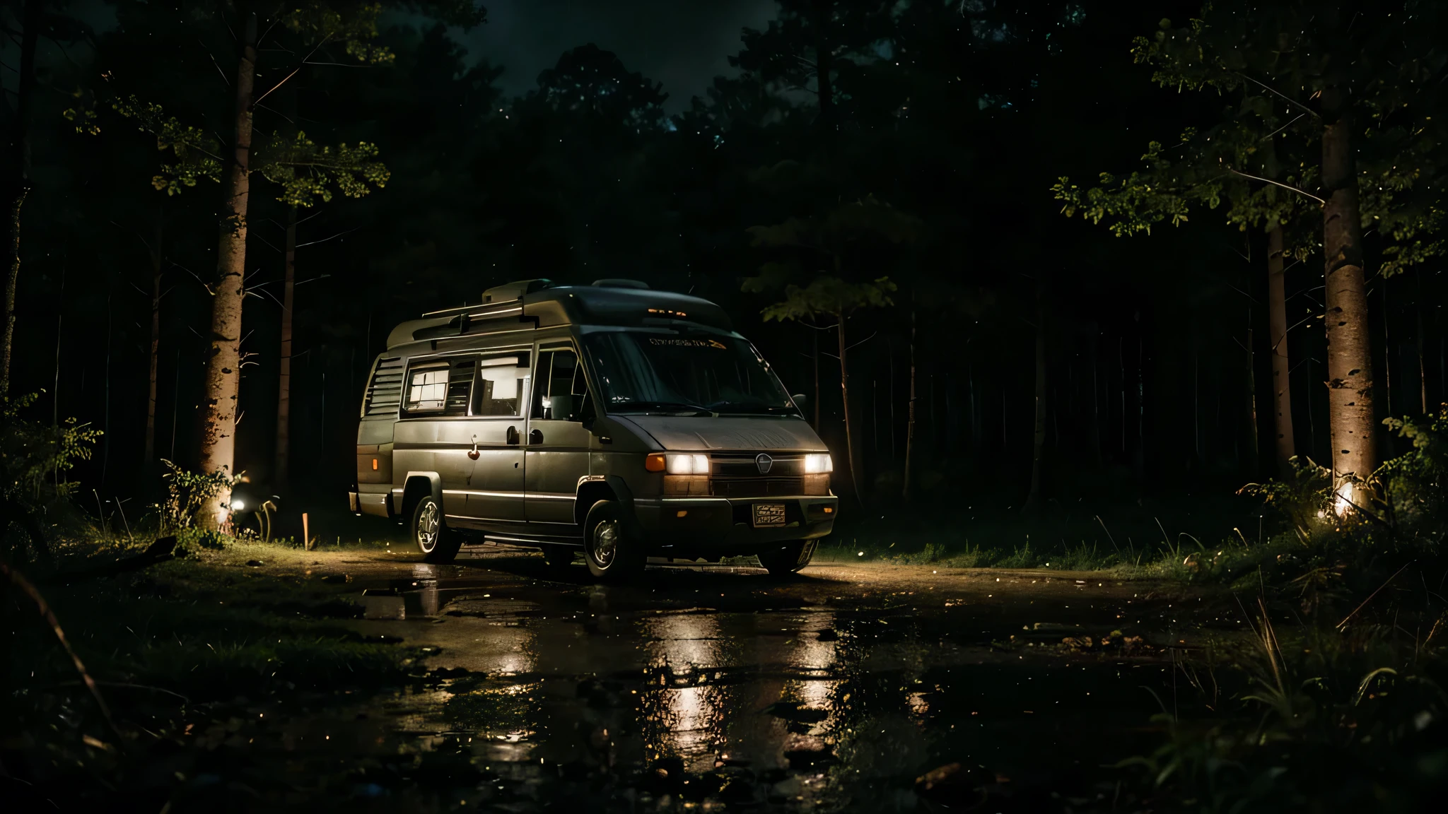 cinematic scene of a kombi motorhome parked in a forest on a rainy night