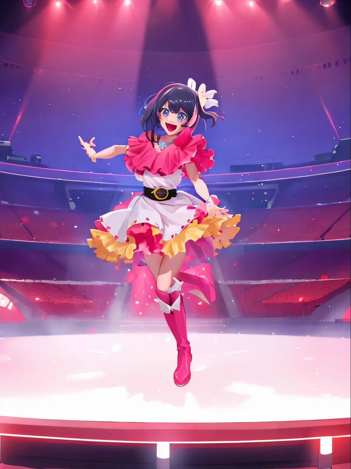 Hoshino Ai,purple eyes, star-shaped pupils, hair ornament,Mizukito,tan,(from front),
1girl 30 years old, solo, (black ulfcut side-cut small short hair1.5),full body, long shot,big concerts, flashy lights,dark concert hall stage,(thick outline:1),cute face,dansing pose,happy smile,super detailed skin,cinematic lighting,dynamic lighting,beautiful detailed eyes,super detailed skin,
BREAK
Colorful and gorgeous dresses worn by idols, holding, smile, holding microphone, microphone, hair ornament,, star (symbol), jewelry, open mouth, looking at viewer, virtual youtuber, bangs, purple eyes, frilled dress, necklace, blush, belt, pink long boots, outstretched arm, frills, bracelet, bare shoulders, standing, , white dress, pink dress, bow, teeth, hair bow, rabbit hair ornament, star hair ornament,