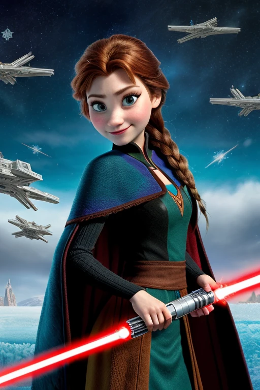 Disney princess from Frozen dressed in Sith clothes and holding a red Star Wars style lightsaber in her hands, with war spaceships in the background