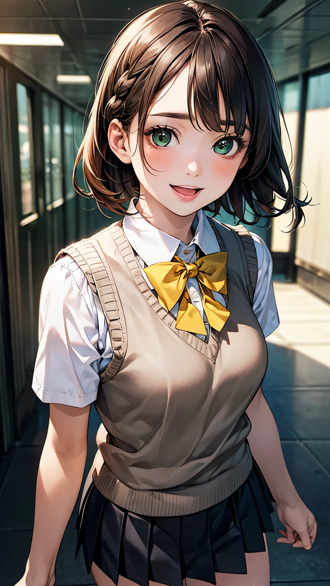 (masterpiece:1.2, top-quality), (realistic, photorealistic:1.4), beautiful illustration, (natural side lighting, movie lighting), nsfw, 
looking at viewer, upper body, 1 girl, japanese, high school girl, 12 years old, perfect face, cute and symmetrical face, shiny skin, 
(short hair, braid, light brown hair), bangs, emerald greeneyes, big eyes, long eye lasher, (medium breasts), 
beautiful hair, beautiful face, beautiful detailed eyes, beautiful clavicle, beautiful body, beautiful chest, beautiful thigh, beautiful legs, beautiful fingers, 
((white collared shirts, dark grey pleated mini skirt, yellow grown knitted vest), dark red bow tie), 
(beautiful scenery), evening, (school hallway), walking, waving hand, ((;d)),