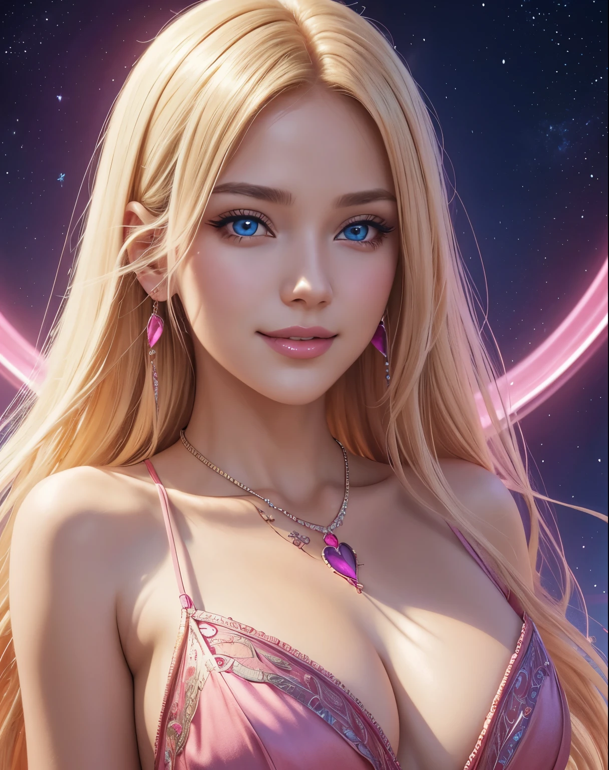 Portrait, beautiful woman with blonde hair and a silky pink dress, hourglass figure, symmetrical figure, highly detailed face, beautiful face, calming blue eyes, lush pink lips, wearing a red glowing heart-shaped pendent necklace, smiling, alluring, stunning digital illustration, cosmic fantasy background, beautiful digital artwork, magenta lighting, glossy digital painting, gorgeous digital art, 4k detailed digital art, beautiful digital illustration, 4k highly detailed digital art, beautiful digital art, realistic digital art 4k, realistic digital art 4k, airbrush digital art