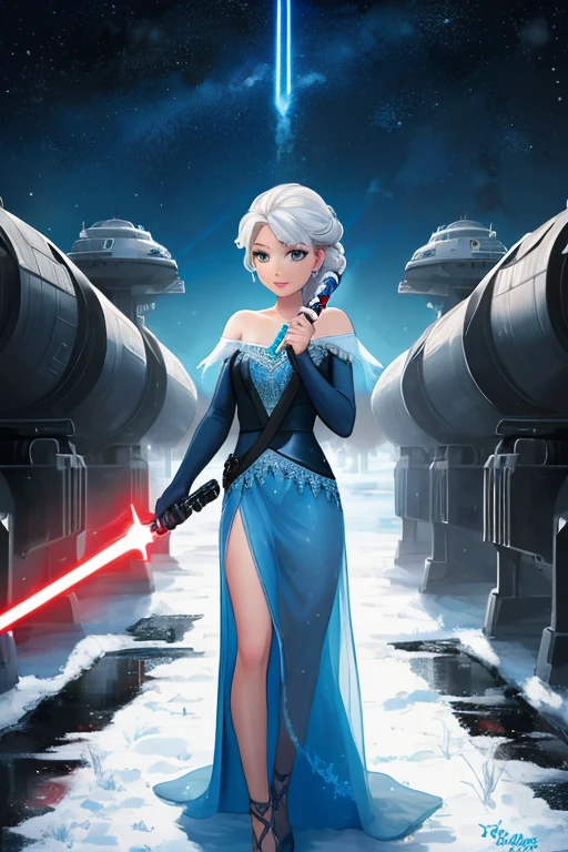 Disney princess from Frozen dressed in Sith clothes and holding a red Star Wars style lightsaber in her hands, with war spaceships in the background