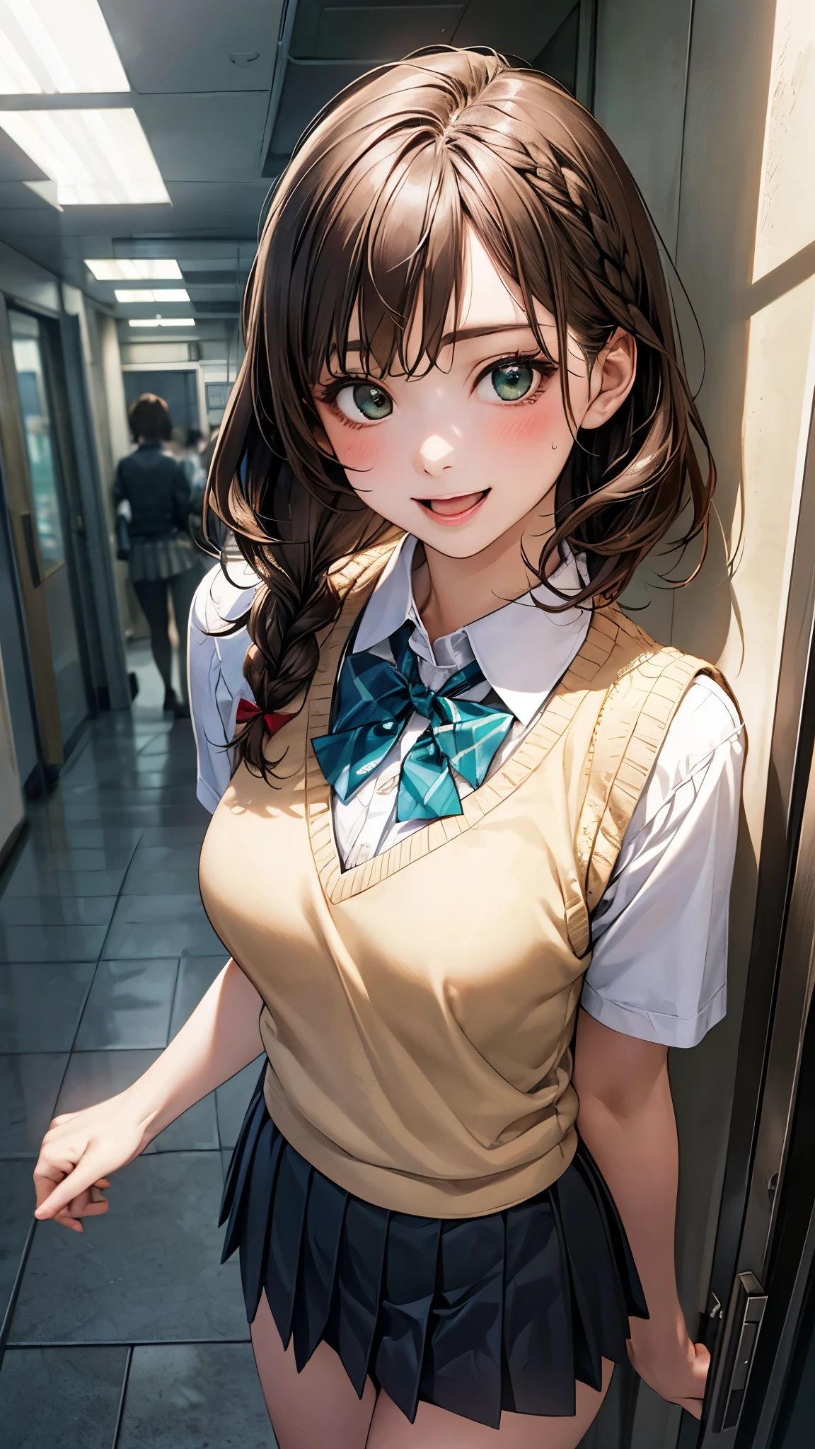 (masterpiece:1.2, top-quality), (realistic, photorealistic:1.4), beautiful illustration, (natural side lighting, movie lighting), nsfw, 
looking at viewer, upper body, 1 girl, japanese, high school girl, , perfect face, cute and symmetrical face, shiny skin, 
(short hair, braid, light brown hair), bangs, emerald greeneyes, big eyes, long eye lasher, (medium breasts), 
beautiful hair, beautiful face, beautiful detailed eyes, beautiful clavicle, beautiful body, beautiful chest, beautiful thigh, beautiful legs, beautiful fingers, 
((white collared shirts, dark grey pleated mini skirt, yellow grown knitted vest), light blue bow tie), 
(beautiful scenery), evening, (school hallway), walking, peace sign, ((;d)),