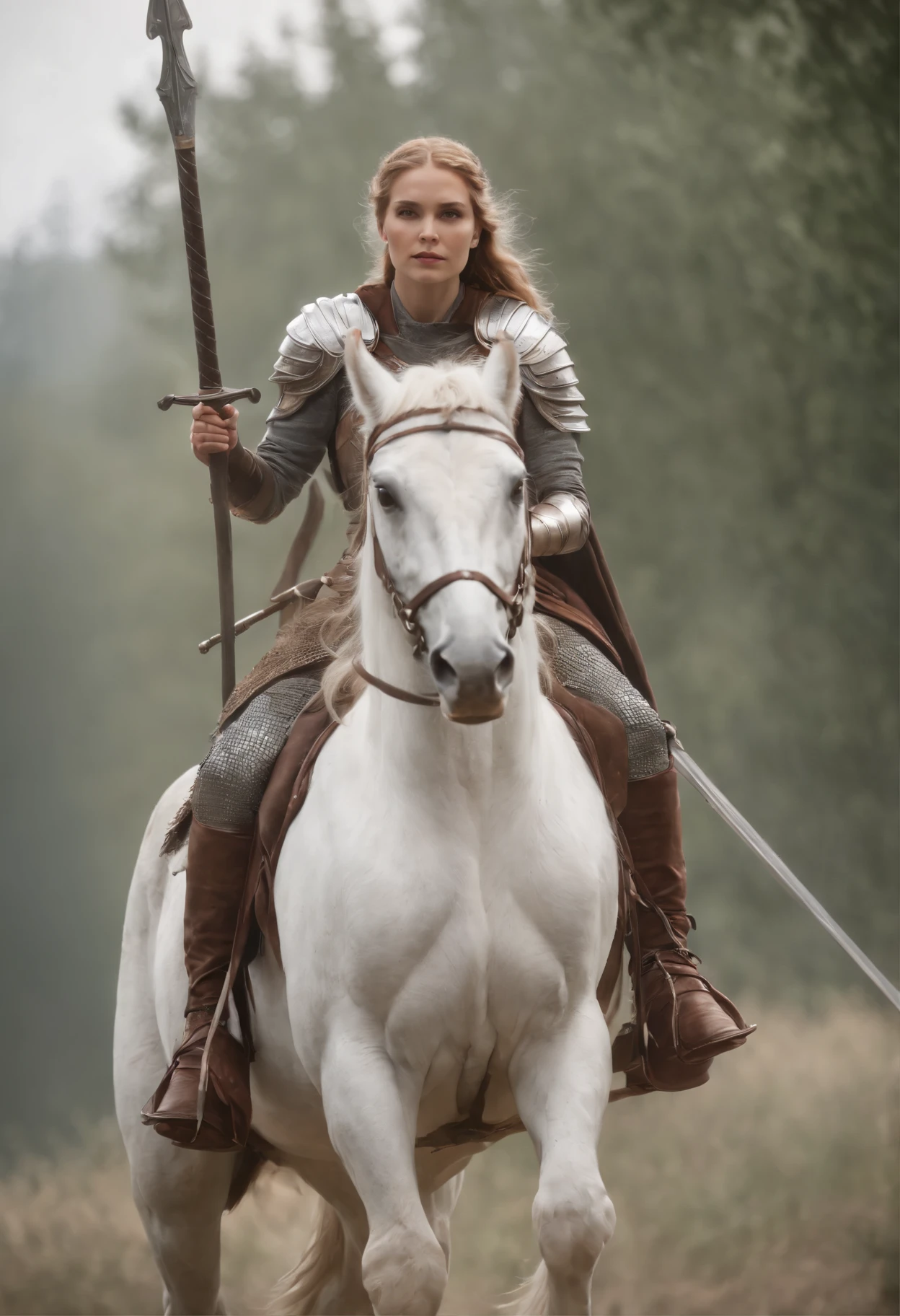 A Valkyrie riding into battle on a Pegasus, holding a sword in one hand and a spear in the other hand 