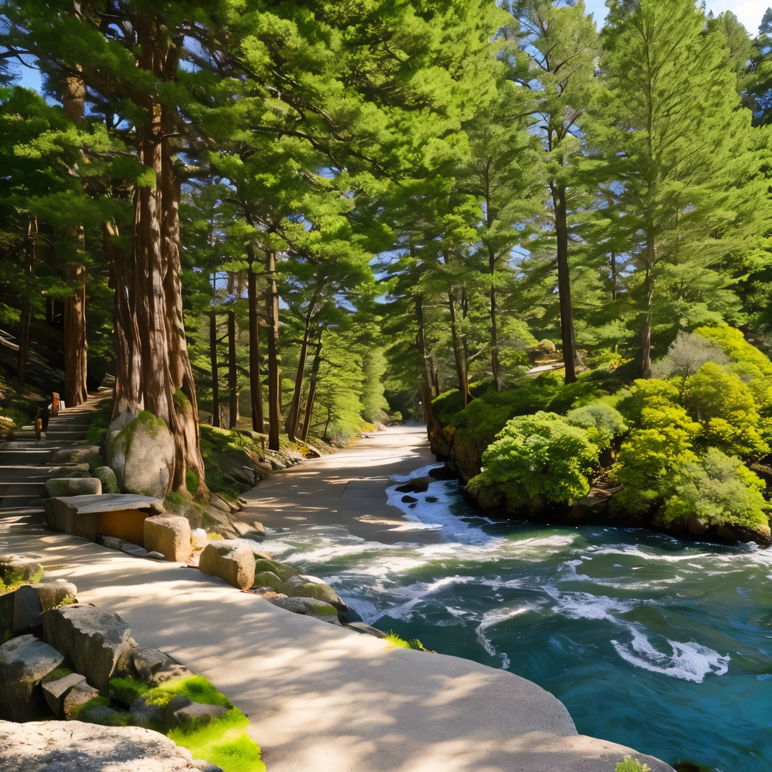 The rocky cliffs along the walkway date back to ancient times. Tall trees cover the entire landscape. The wind blows and creates a magical charm.