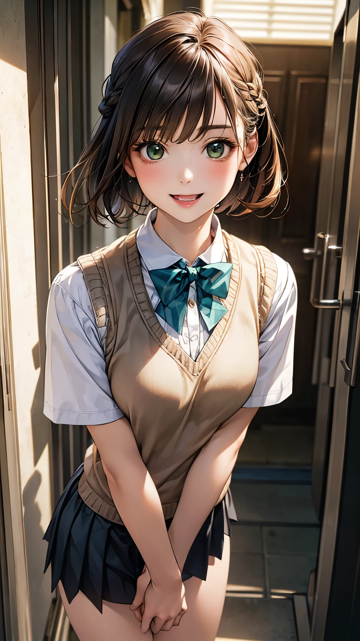 (masterpiece:1.2, top-quality), (realistic, photorealistic:1.4), beautiful illustration, (natural side lighting, movie lighting), nsfw, 
looking at viewer, upper body, 1 girl, japanese, high school girl, , perfect face, cute and symmetrical face, shiny skin, 
(short hair, braid, light brown hair), bangs, emerald greeneyes, big eyes, long eye lasher, (medium breasts), 
beautiful hair, beautiful face, beautiful detailed eyes, beautiful clavicle, beautiful body, beautiful chest, beautiful thigh, beautiful legs, beautiful fingers, 
((white collared shirts, dark grey pleated mini skirt, yellow grown knitted vest), light blue bow tie), 
(beautiful scenery), evening, (school hallway), walking, peace sign, ((;d)),