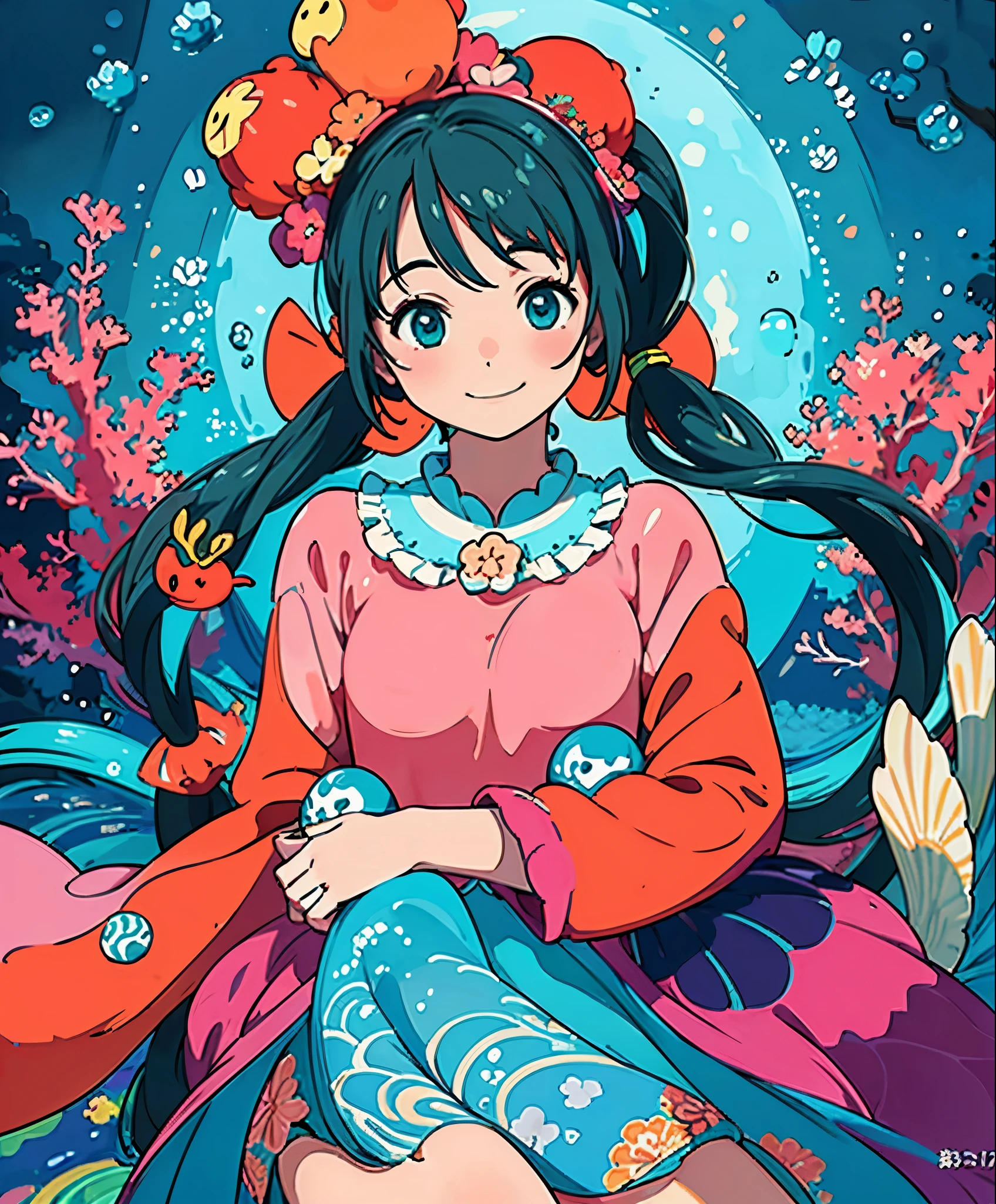 (masterpiece、highest quality、highest quality、official art、beautiful beautiful:1.2)、(1 girl:1.3)Hatsune Miku、beautiful breasts、twin tails、adorable smile、very detailed、colorful coral reef，（（Kingdom in the water）），glowing underwater plants，Yayoi Kusama，dream-like，dream-like景色，various undersea creatures，colorful，colorful colorful，