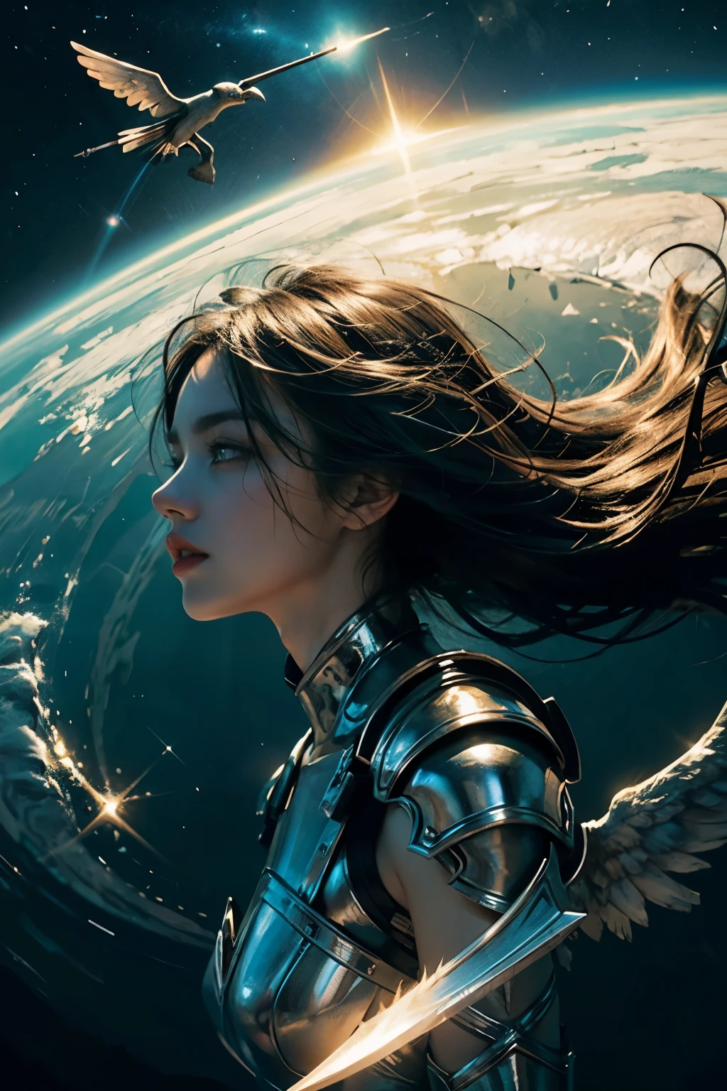 ((best quality)), ((perfect face)), (masterpiece), (perfect angel dagger), (high-angle), angel of doom flying over the blue-green earth, very big majestic wings, angel holding glowing a magical warrior dagger, harsh descent towards the planet from outer space, glow with power, gleaming armor glinting in the starlight, planet swirling with blues and greens under a hazy atmosphere, powerful, perspective , epic dark fantasy artwork, dynamic motion, 32k UHD, hyper-realistic, glowing, hyper-detailed, precisionist lines, cinematic 