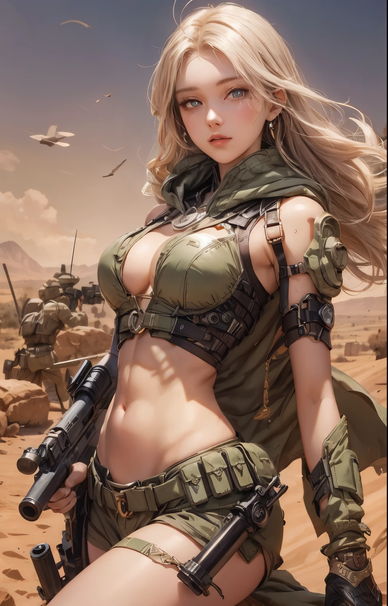 ((Highly accurate drawing in every detail)Extremely precise depiction)[High resolution],(detailed illustrations,とてもfineで緻密な描画,Delicate drawn lines with tempo,Realistic texture expression),[color traced main line],(mars battlefield [desert [ruins]]),[solo],HENTAI ((ANIME) BIONICGirl) Beauty (14 years old))((muscular)) [SKINNY],cyborg [MACHINEARMY Mobile Infantry Military],Bandolier [hood cloak [Barbarian knife]] [heavy mace [javelin]] [[artillery shell mortar grenade]],gravure [Battle Damage],[retro future],(intricate and beautiful decoration [Dense detail]),(Fine and beautiful skin expression [transparency]),((Precisely drawn eyes))[完璧な目のdetailed((Beautiful eyes like jewels)Iris drawn in precise detail)[clearly drawn pupils]],[eyes light[Pinpoint lighting for the eyes]],[long and beautiful eyelashes],[precisely drawn hair [美しく艷やかな髪のdetailed]],(完璧な手のdetailed [Beautiful fingers with no damage [beautiful nails]]),(perfect anatomy(perfectly balanced proportions))[[full body portrait]],[[Design built to the highest level]][ideal color coordination(Accurate simulation of light and material interactions)],([Precision Detail](detailed,高fine)),[Visual art that tells a story],((highest quality)fine[[High density drawing]])(4K quality).