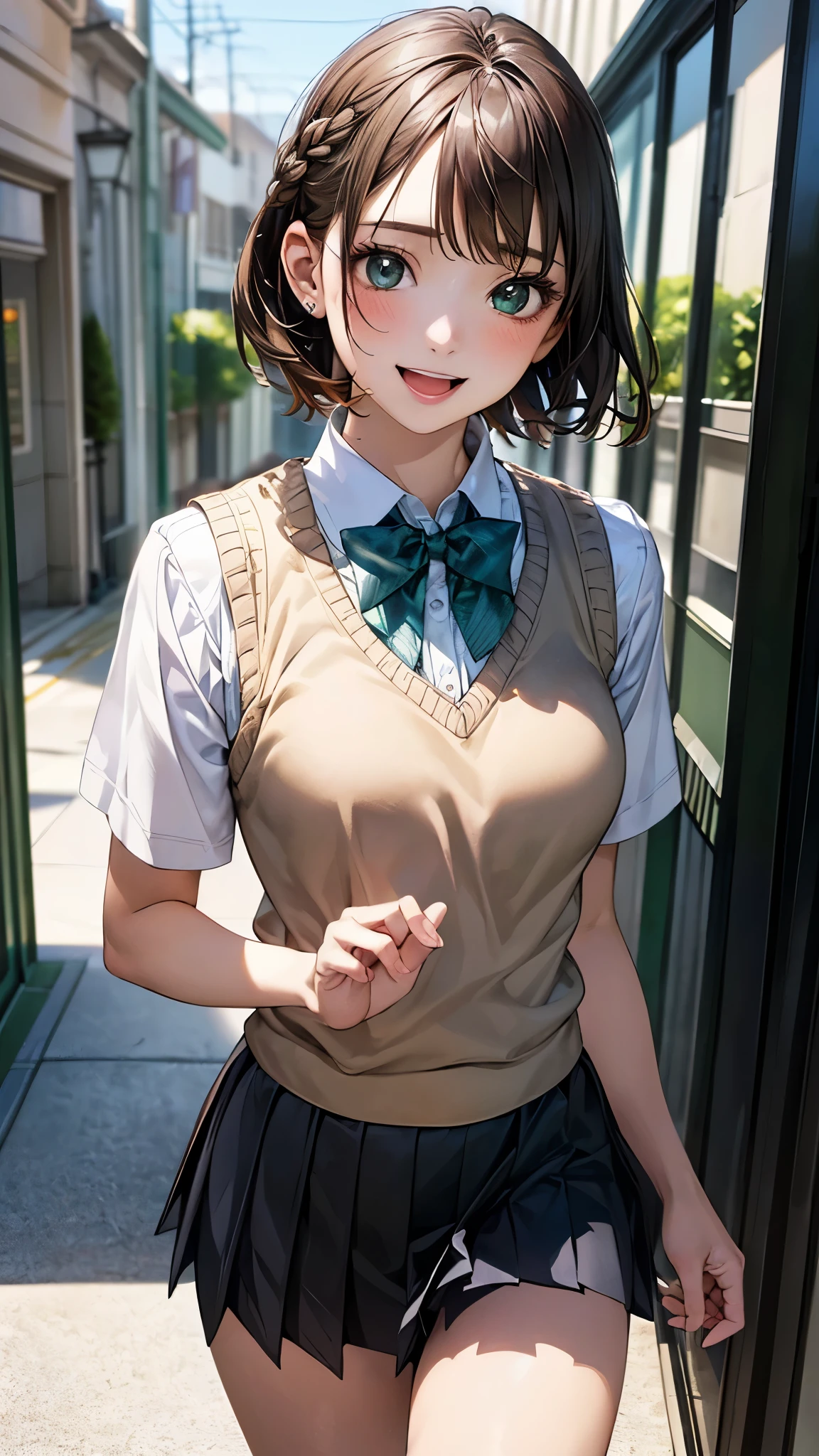 (masterpiece:1.2, top-quality), (realistic, photorealistic:1.4), beautiful illustration, (natural side lighting, movie lighting), 
looking at viewer, upper body, 1 girl, japanese, high school girl, 12 years old, perfect face, cute and symmetrical face, shiny skin, 
(short hair, braid, light brown hair), bangs, emerald greeneyes, big eyes, long eye lasher, (medium breasts), 
beautiful hair, beautiful face, beautiful detailed eyes, beautiful clavicle, beautiful body, beautiful chest, beautiful thigh, beautiful legs, beautiful fingers, 
((white collared shirts, light blue bow tie, dark grey pleated mini skirt, yellow grown knitted vest)), 
(beautiful scenery), evening, (school hallway), walking, ((breast grab)), (in heat, aroused, seductive smile),