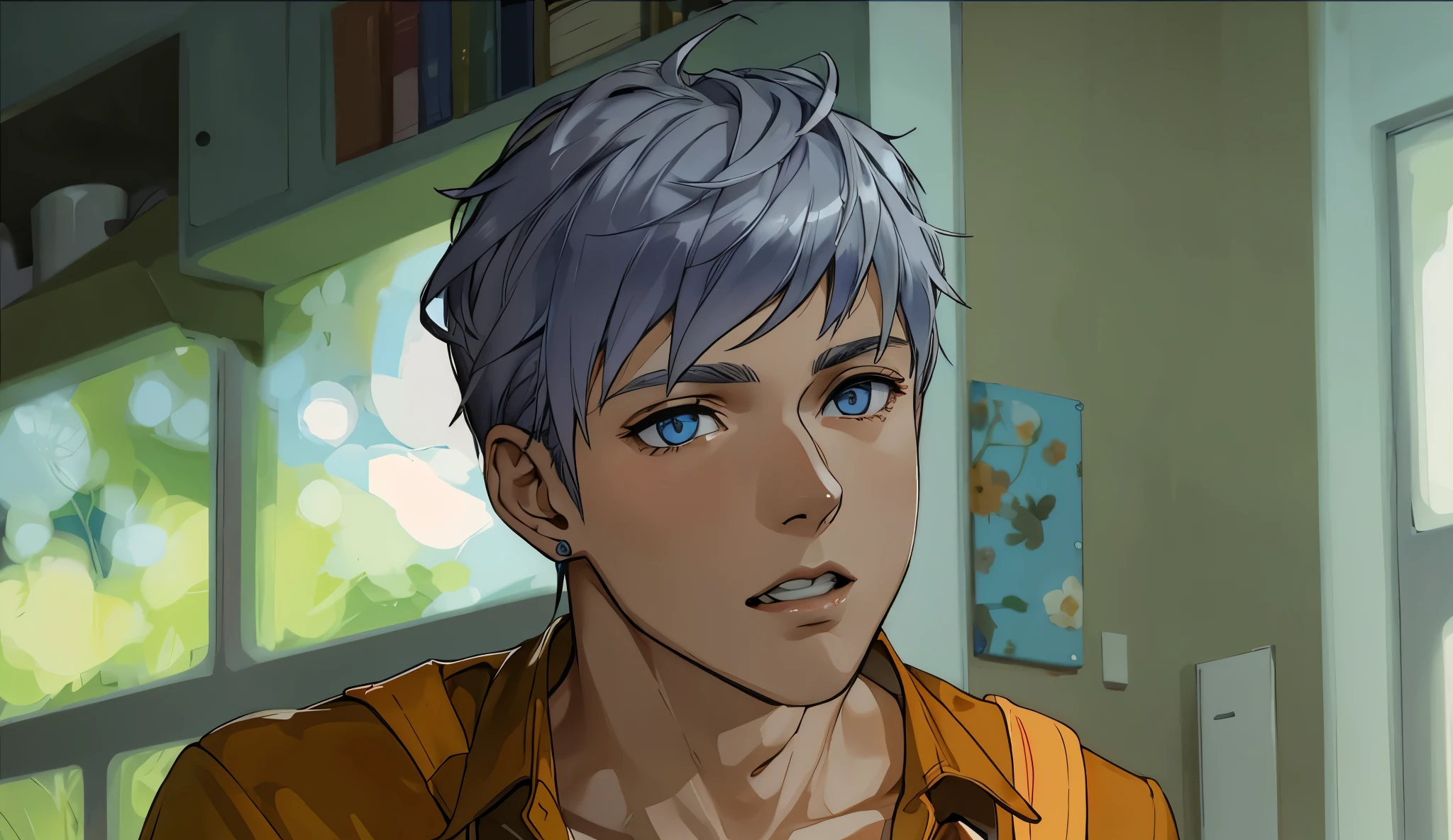 18 year old girl listening to someone has silver hair blue eyes