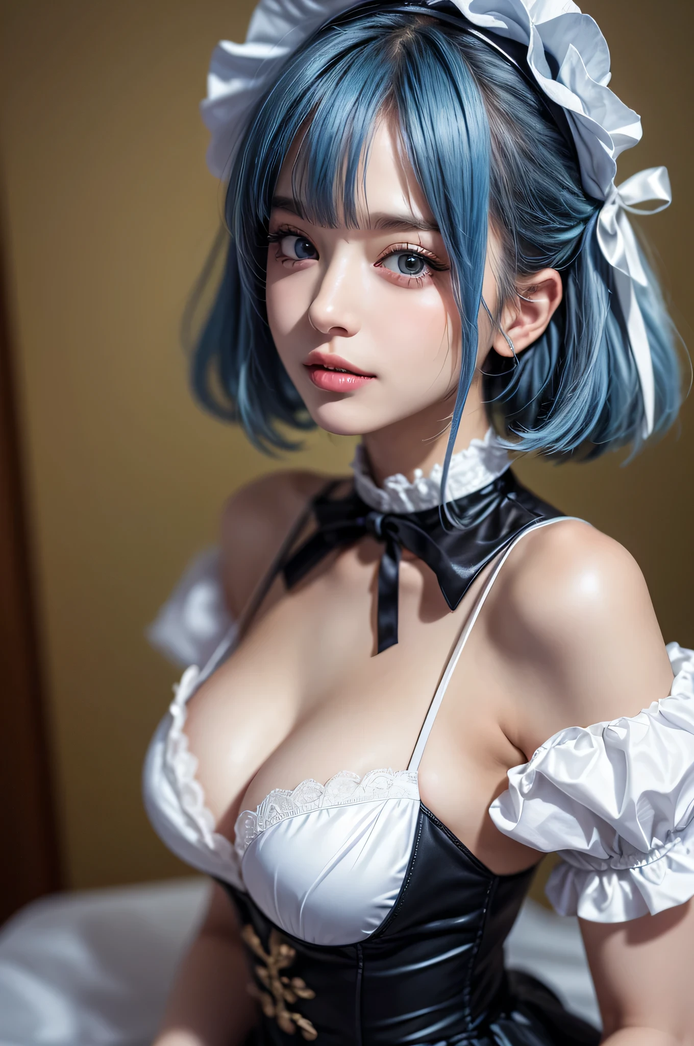(Close-up:1.4)、(RAW shooting:1.2)、(photorealistic:1.4)、(masterpiece:1.3)、(highest quality:1.4)、solo、7 head and body、(slender and beautiful girl)、cute、(beautiful detailed eyes)、(charming big eyes)、(beautiful double eyelids)、(beautiful and detailed face)、(gentle smile:1.2)、(big breasts:1.2)、(cleavage)、(erect nipples:1.2)、(full body shot)、8K、(muste piece:1.2)、(pale blue hair、short bob:1.3)、(Bangs Patsun)、(headdress、white blouse、black ribbon、ruffle skirt、puff sleeves、collar、choker、white apron with fine frills:1.3)、White Knee High Socks、black maid costume、(Sexy model pose with chest sticking out:1.3)、cowboy shot、view audience、(small butt)、(hide your hands)、(beautiful thighs)、cute系、(perfect anatomy:1.2)、ancient city、