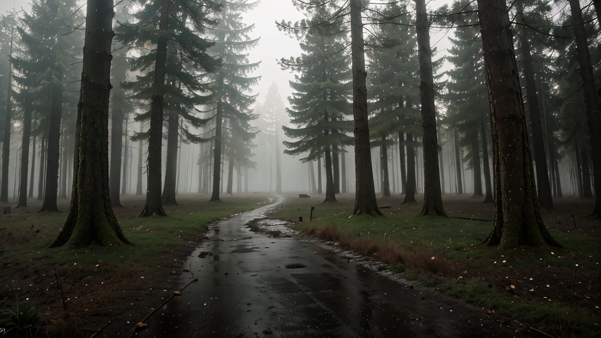 realistic winter forest at a rainy and foggy night, wet grounds