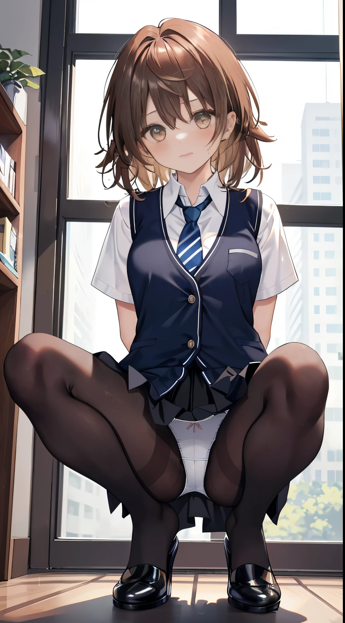 finest, masterpiece, High resolution, (Full-body view from head to toe), front, frontやや下からの構図, symmetry, 18 year old girl, alone, (whole body from head to toe), small breasts, brown hair, slightly messy hair, long hair, bangs, (black tights), ( (black pantyhose), black pantyhose, (squatting pose), (bondage), (spread your legs), (tie one'hands tied behind one's back'Came back), (her legs spread、You can see her white panties between her legs..), composition Show me your white panties, slender beautiful legs, とても美しい18 year old girl, (navy high heels), blush, shy big eyes, messy hair, looking at camera, Show me your white panties, Hide your arms behind your back, dark blue office lady uniform, dark blue pencil skirt, navy blue vest, beige cardigan