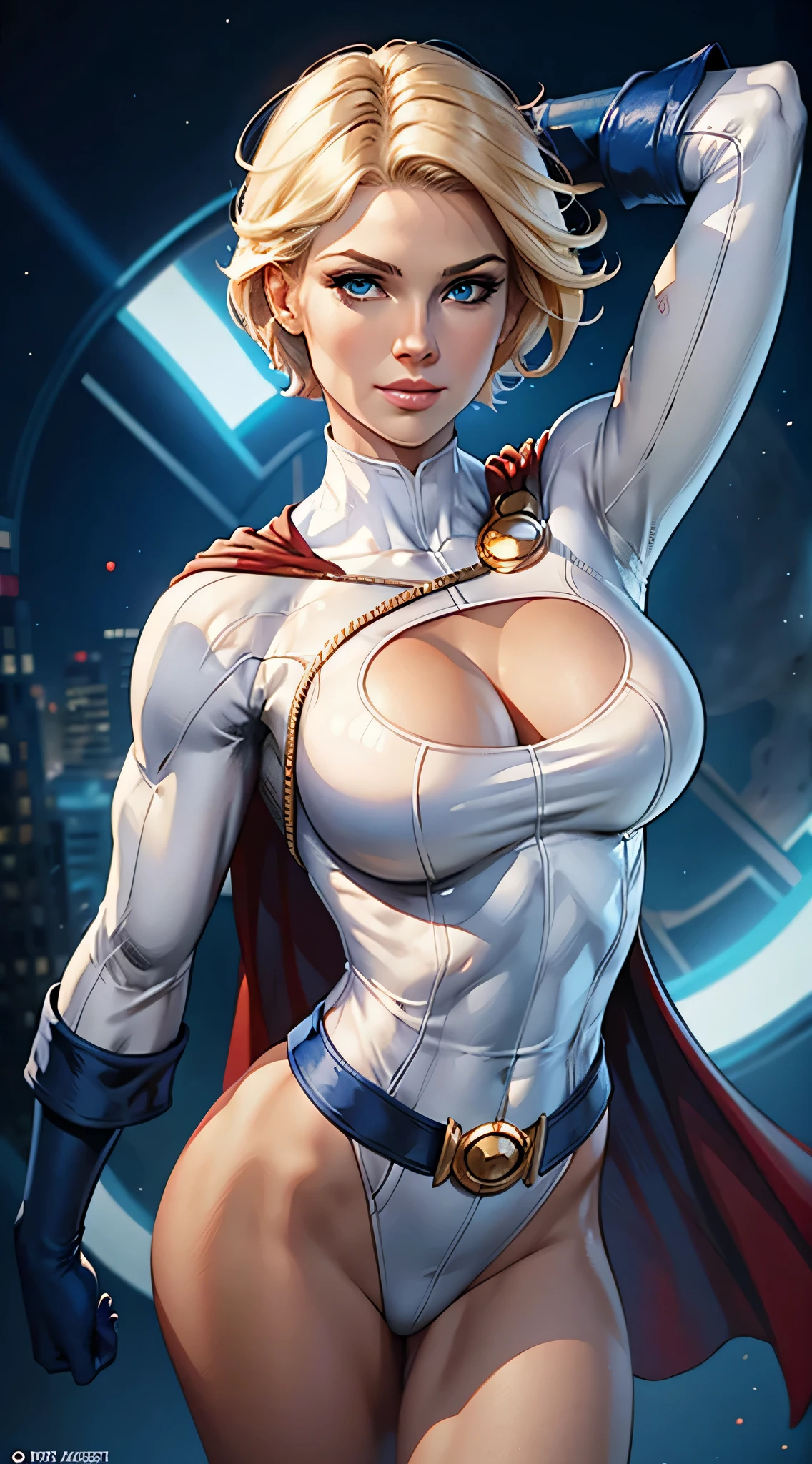 A blonde woman with short hair and blue eyes wearing a white costume with a red cape and blue gloves with the S symbol on her chest,Very detailed, alta qualidade,modern comic style