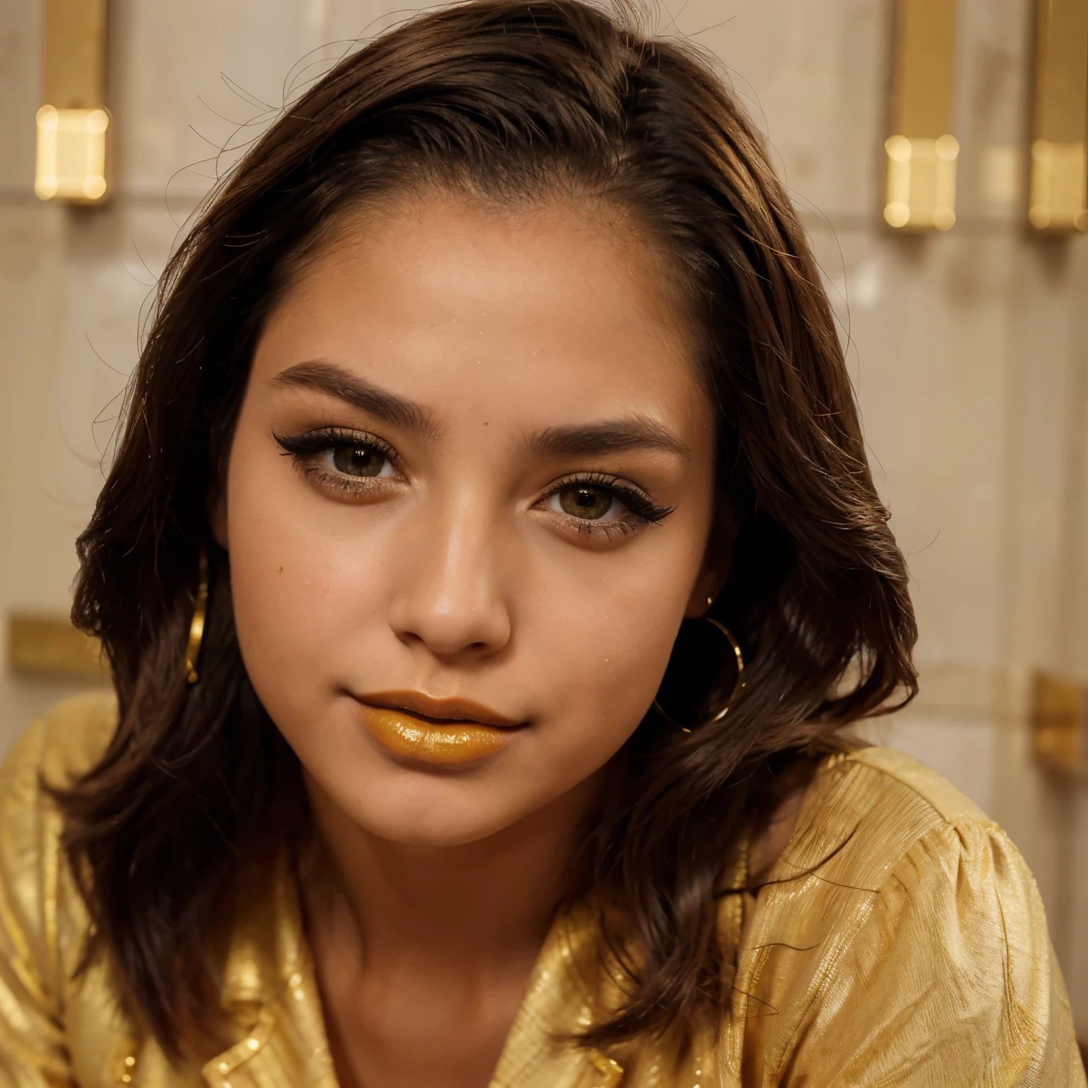 Detailed face, pretty young woman, using gold lipstick.
