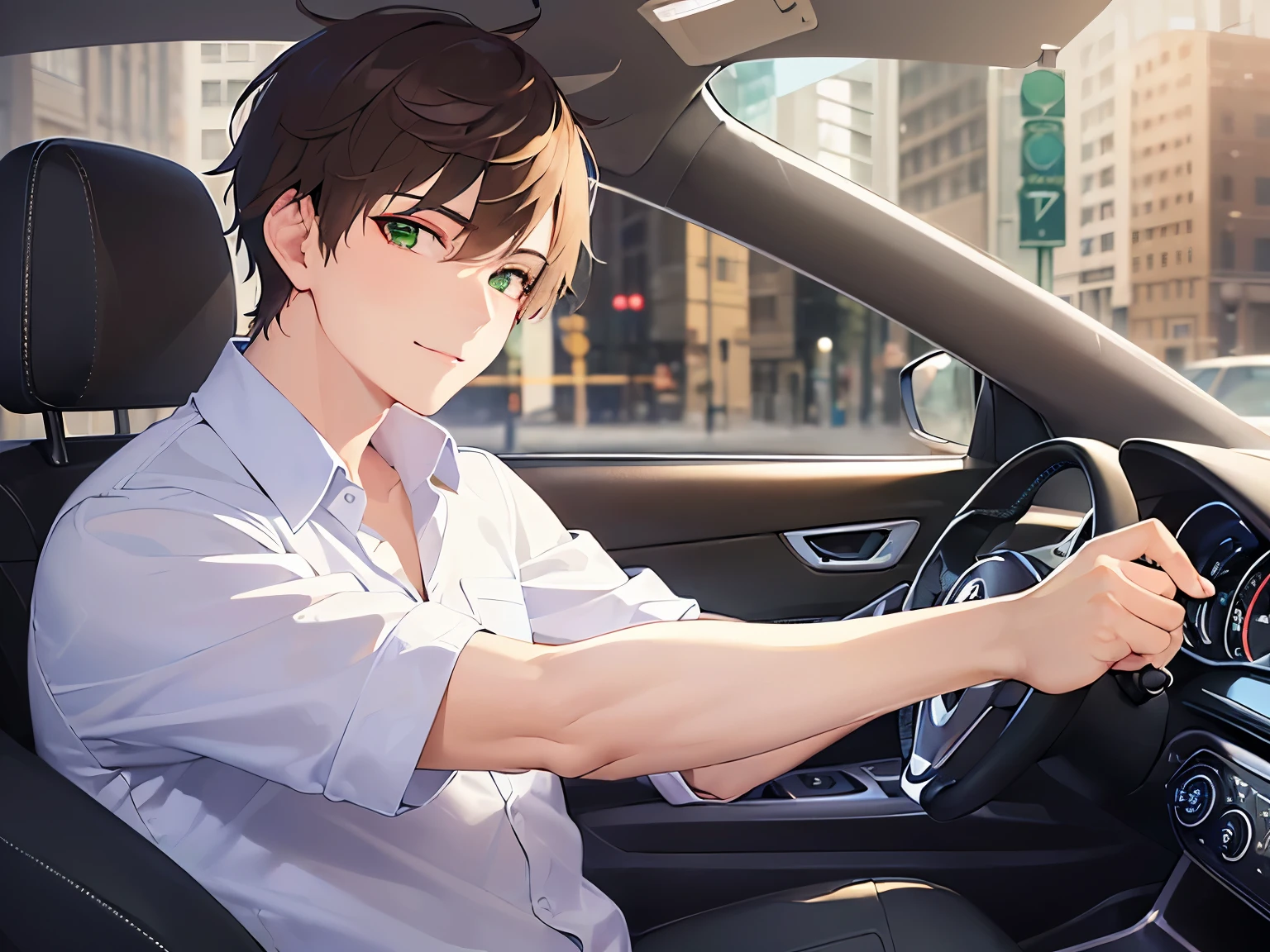 driving, high quality、masterpiece、(25 year old male with short brown hair and green eyes:1.5), wearing a white shirt、smile, Alone、The background is the interior of the car、Being in the driver's seat、Only the upper body is shown